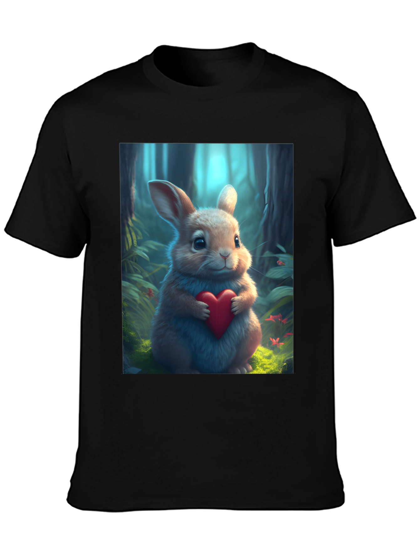 Black Cute Bunny Heart Graphic Tee - Soft Black Cotton Blend view 3