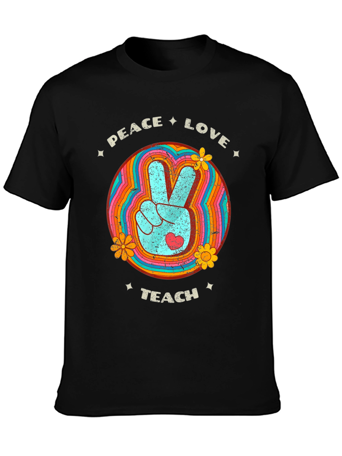 Black Peace Love Teach Retro T-Shirt view 3