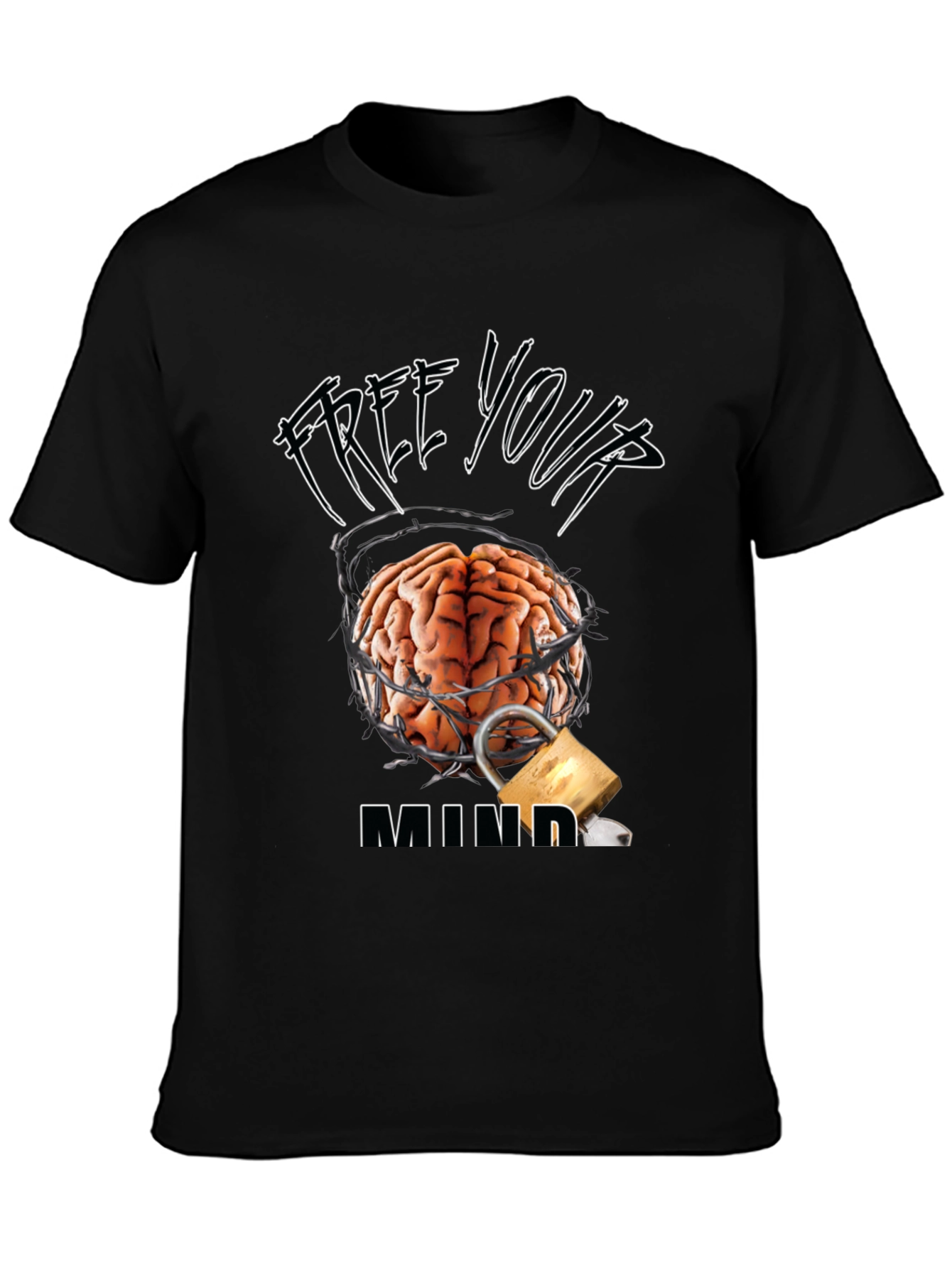 Black Free Your Mind Graphic Tee - Brain & Lock Design view 3