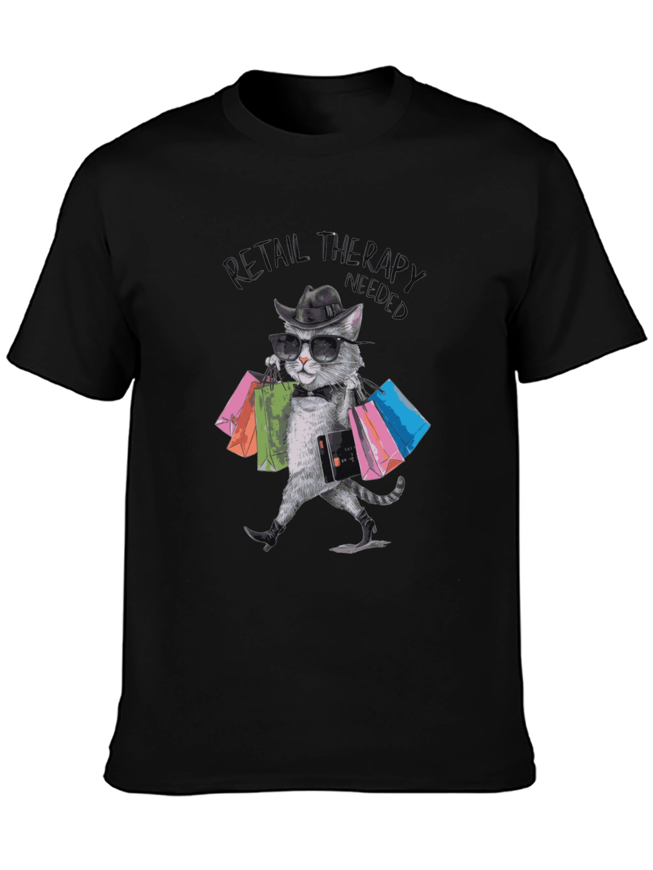 Black Retail Therapy Cat T-Shirt view 3