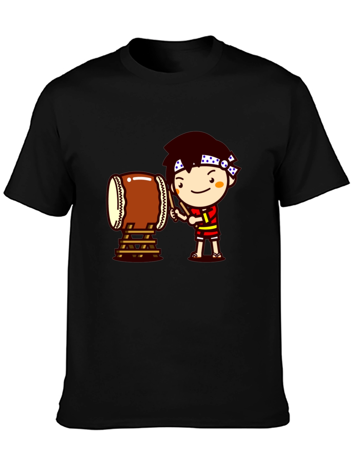 Black Black T-Shirt with Drummer Cartoon Graphic view 3