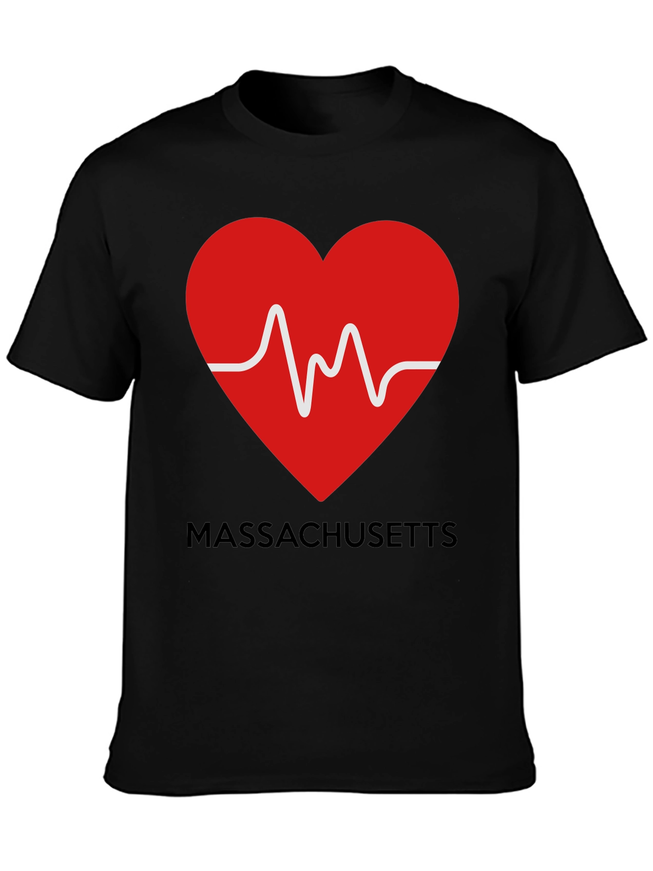 Black Massachusetts Love Heartbeat Black T-Shirt view 3