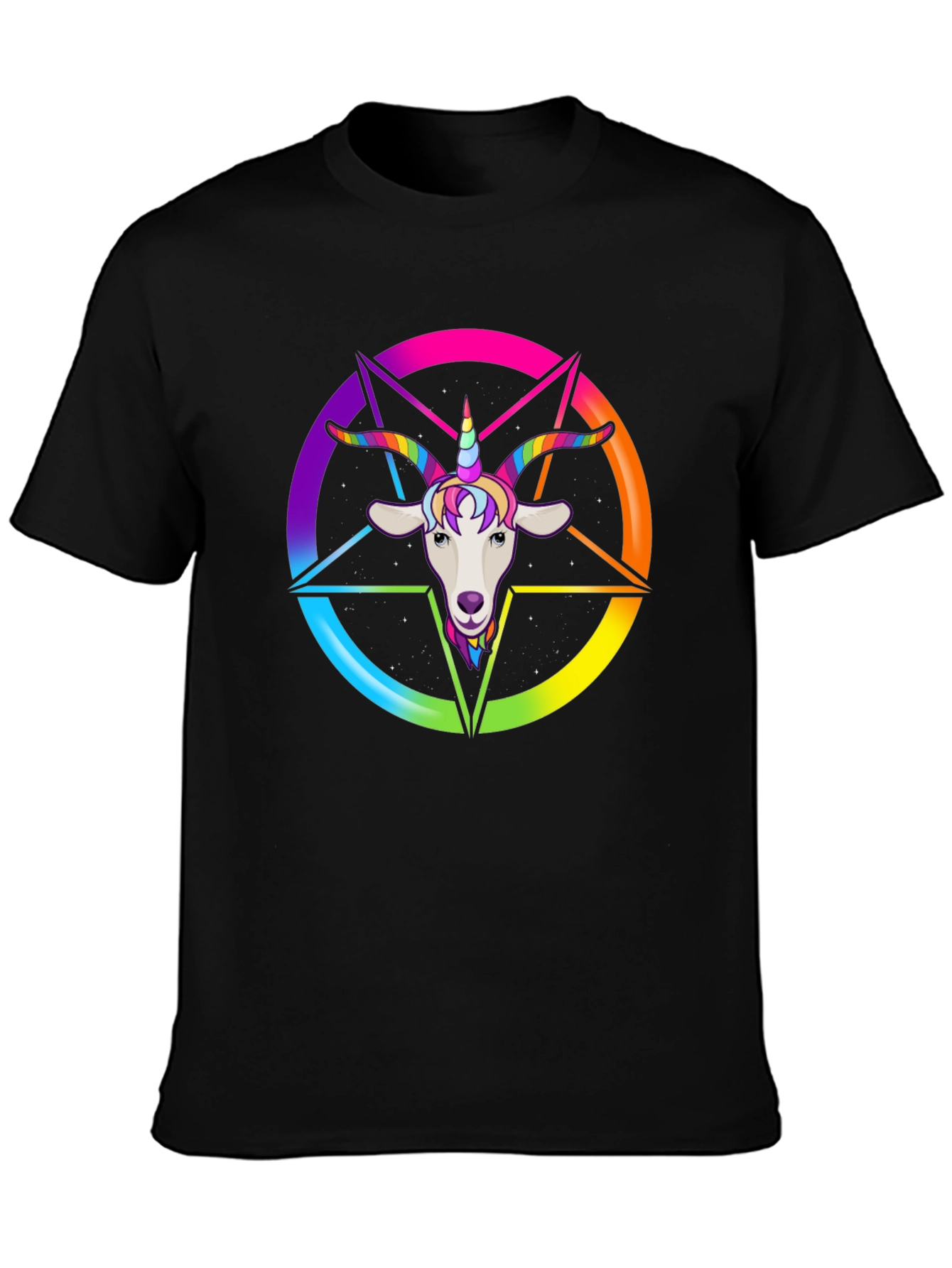 Black Rainbow Goat Unicorn Graphic Tee - Men's Black T-Shirt view 3