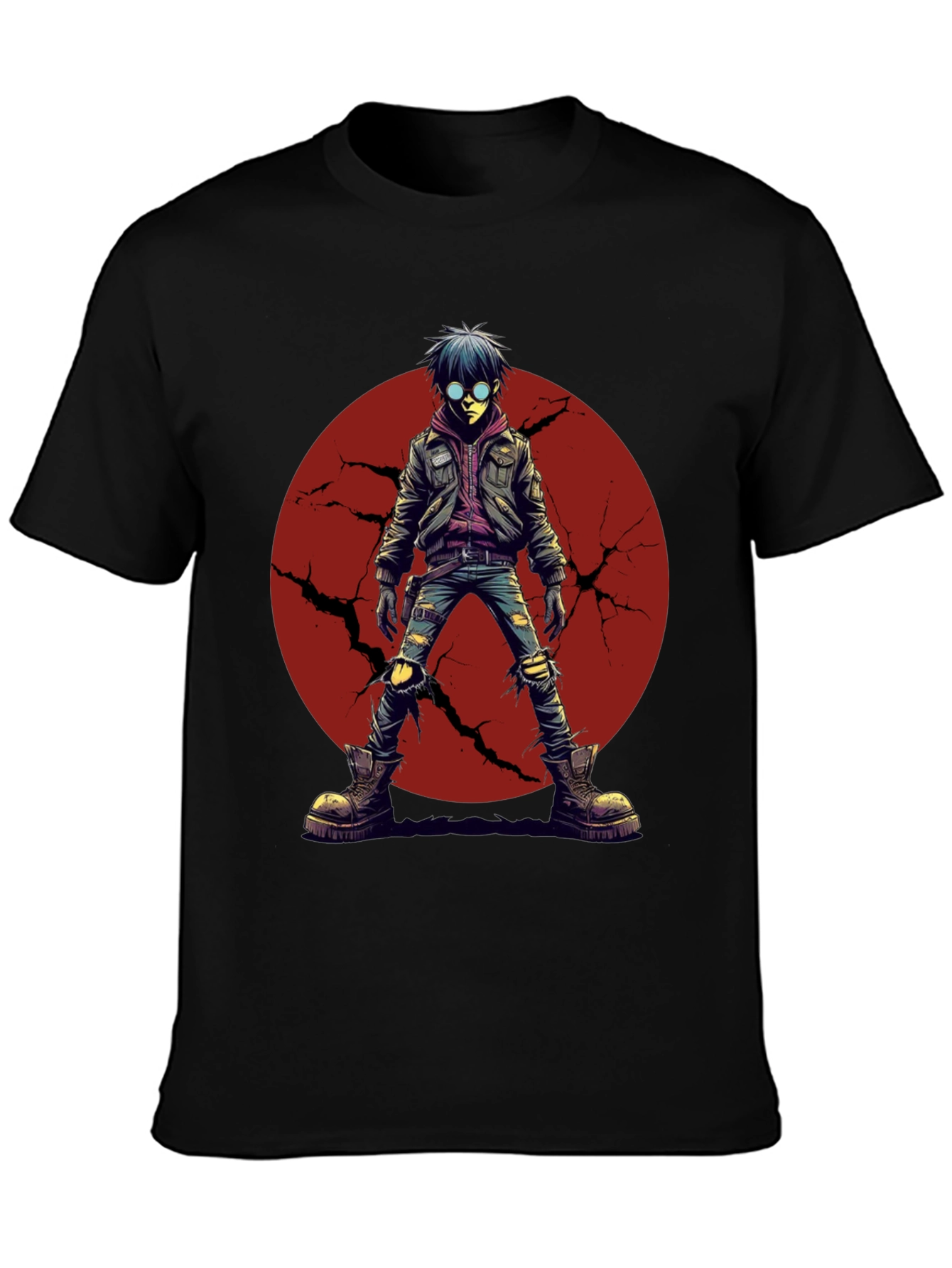 Black Graphic Tee: Anime Punk Character on Black Shirt view 3