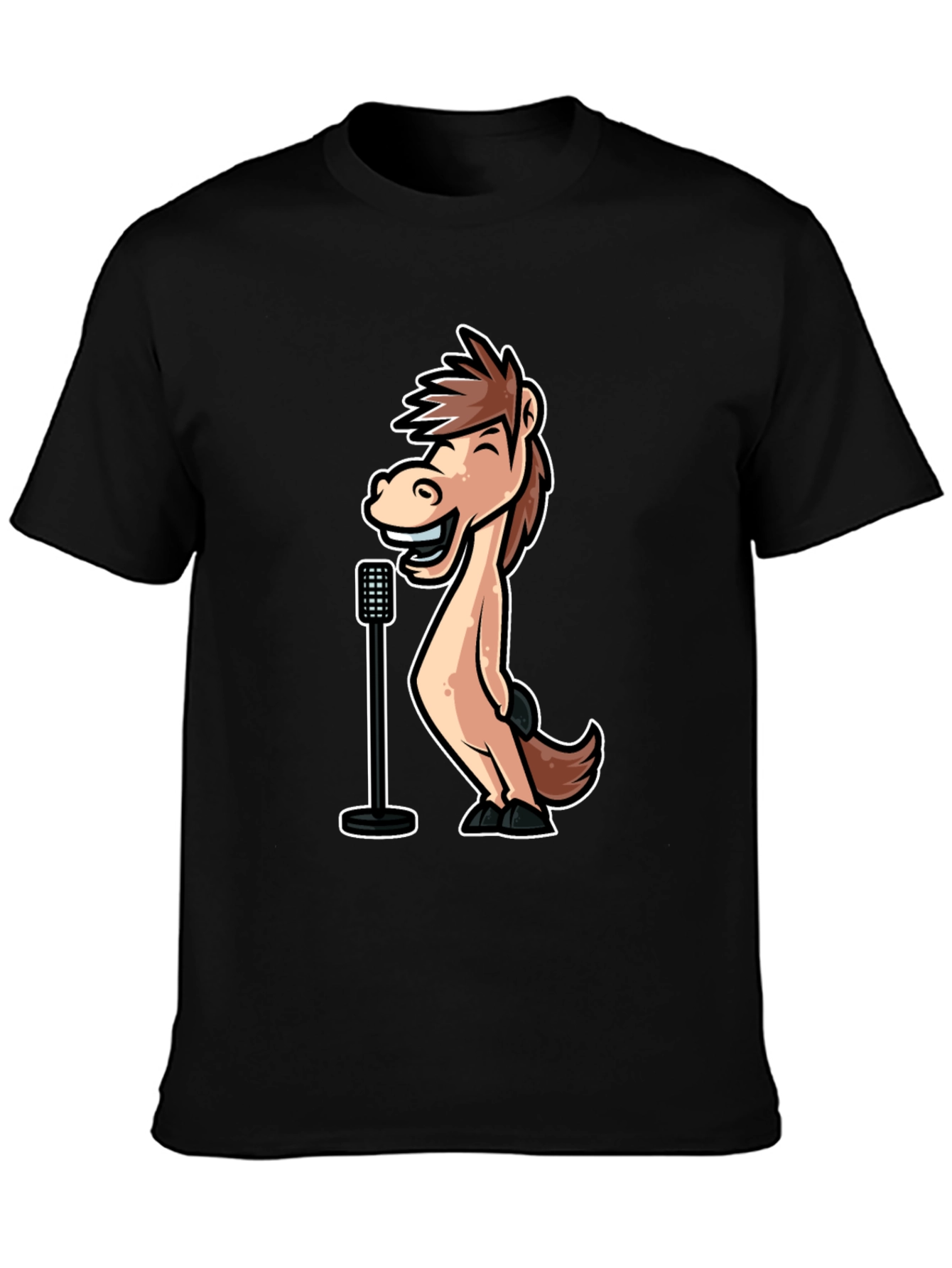 Black Funny Horse Singer Graphic Tee - Black Cotton T-Shirt view 3