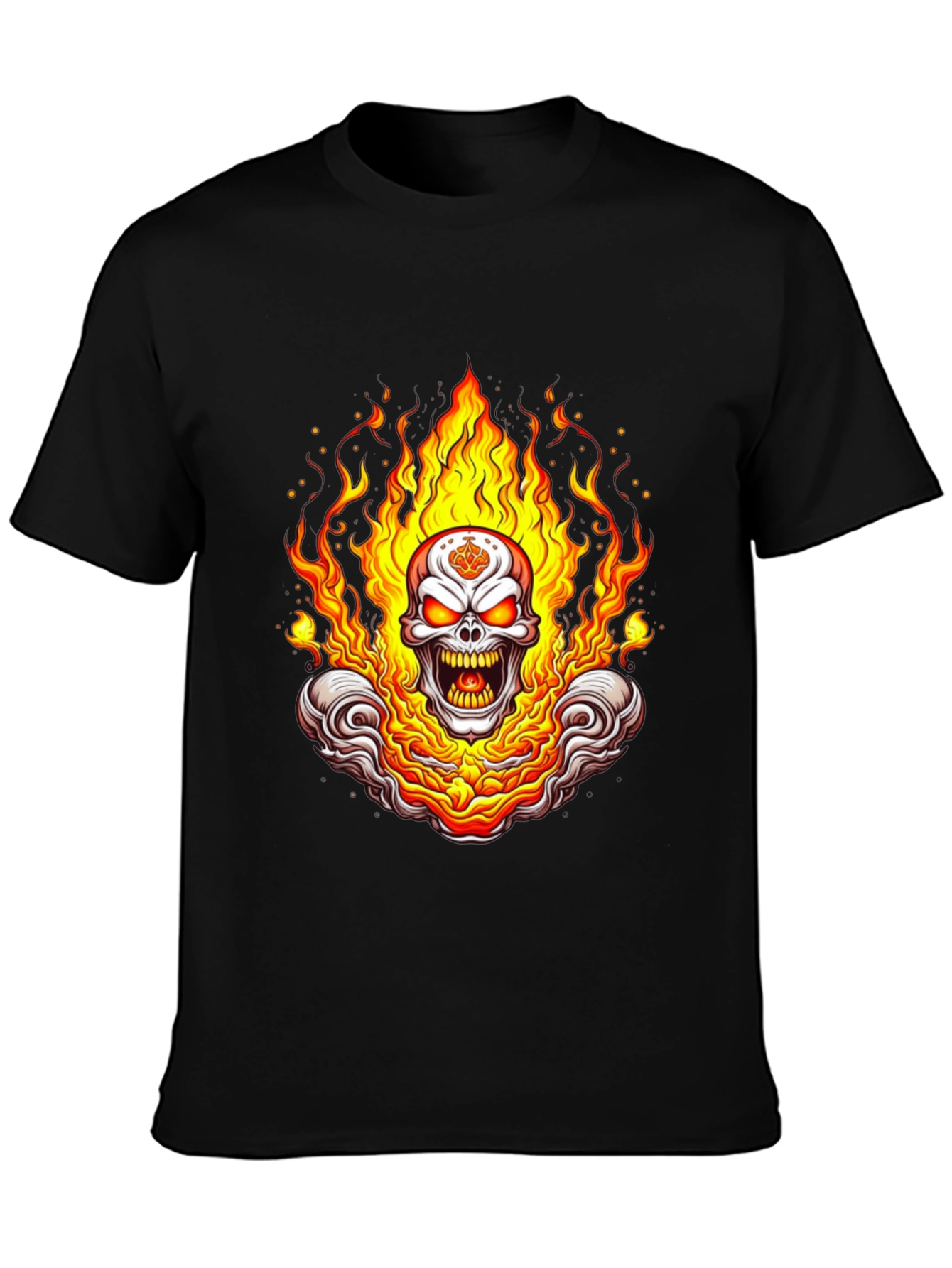 Black Flaming Skull Graphic Tee - Bold Black Cotton Shirt view 3