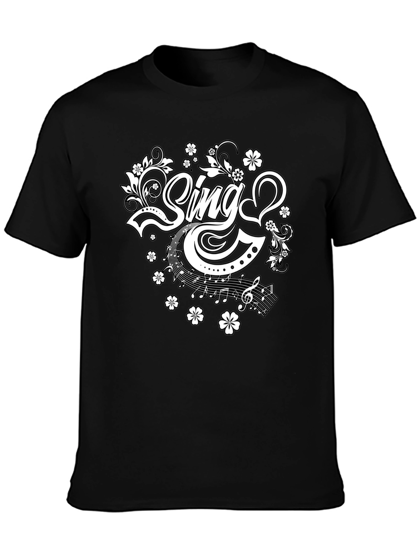 Black Sing Floral Graphic Tee - Black Cotton T-Shirt view 3