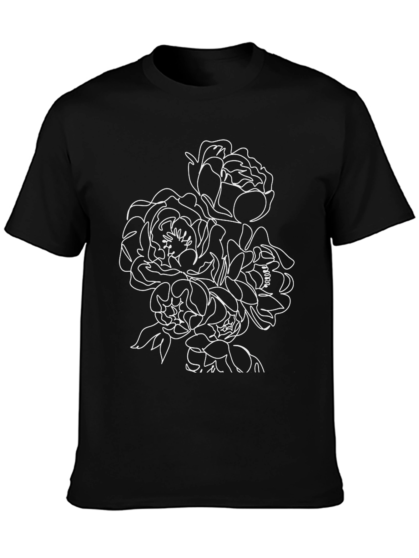 Black Floral Line Art Black T-Shirt view 3