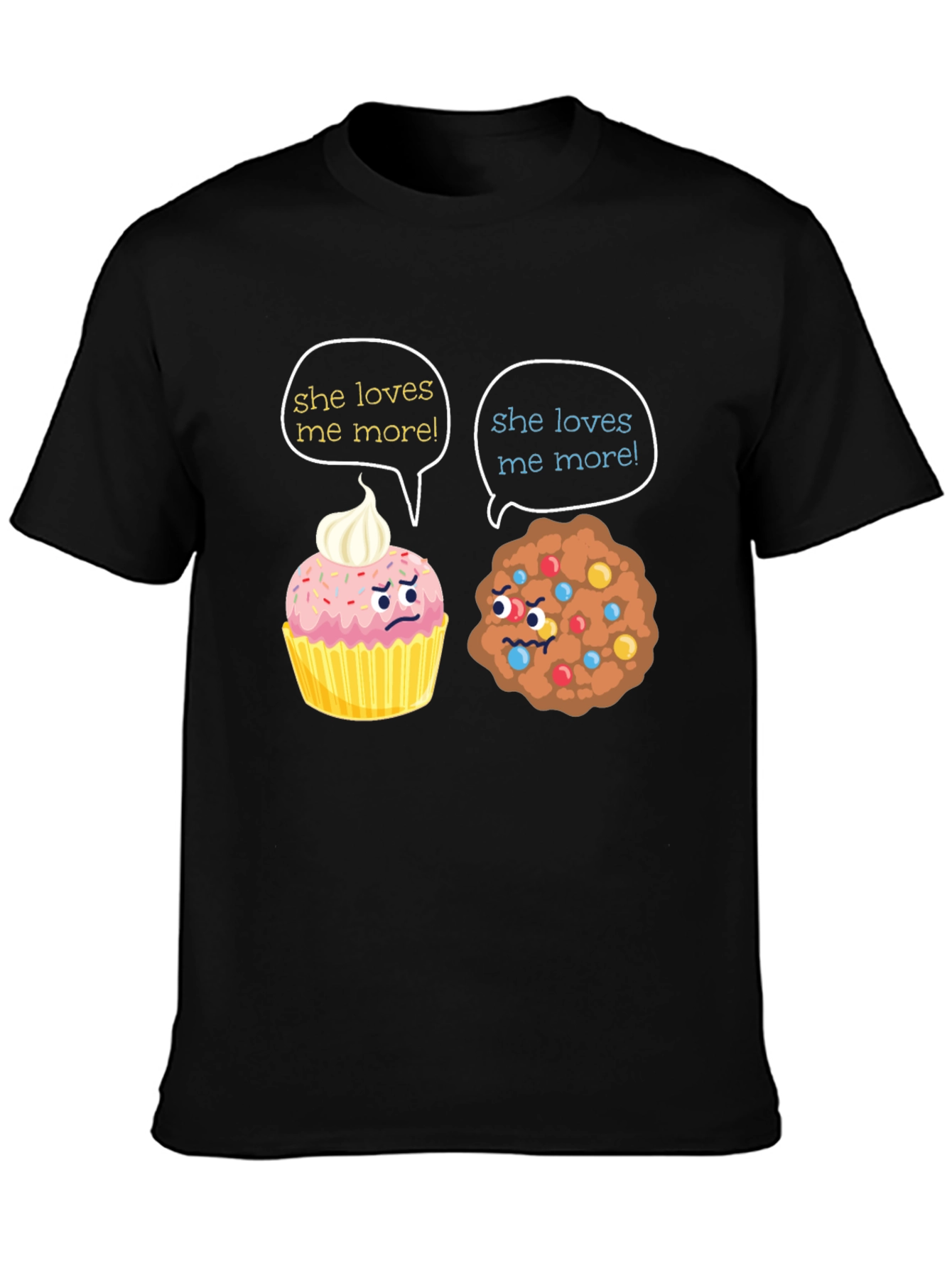 Black Funny She Loves Me More Cupcake vs Cookie T-Shirt view 3