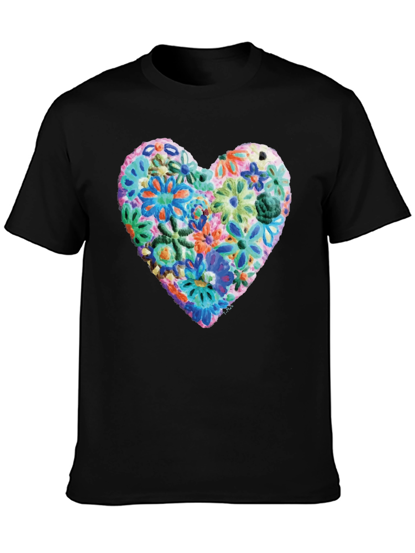 Black Floral Heart Graphic Print Crewneck T-Shirt view 3