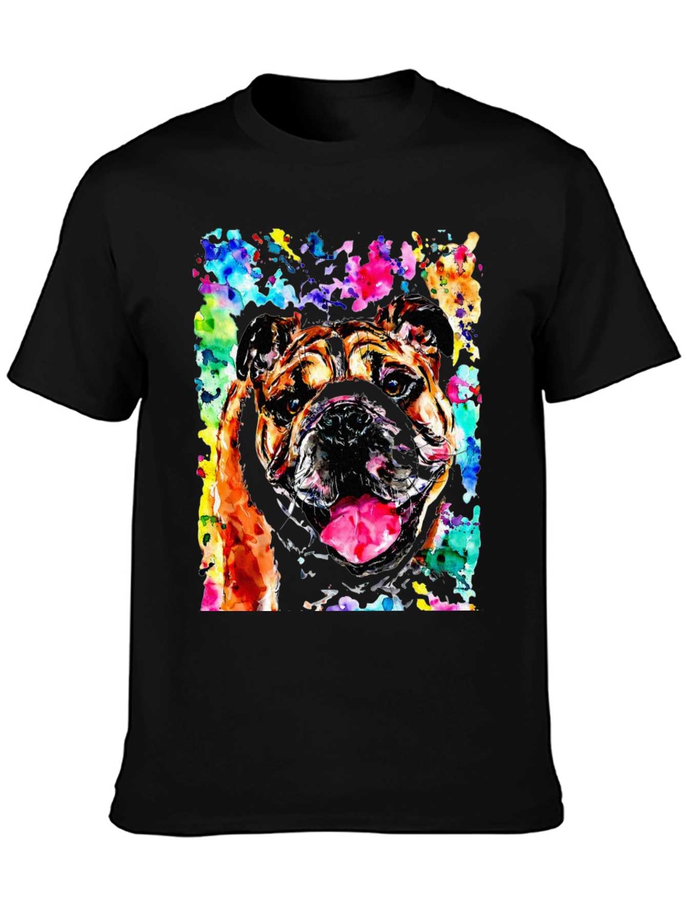 Black Bulldog Watercolor Men's Black T-Shirt view 3