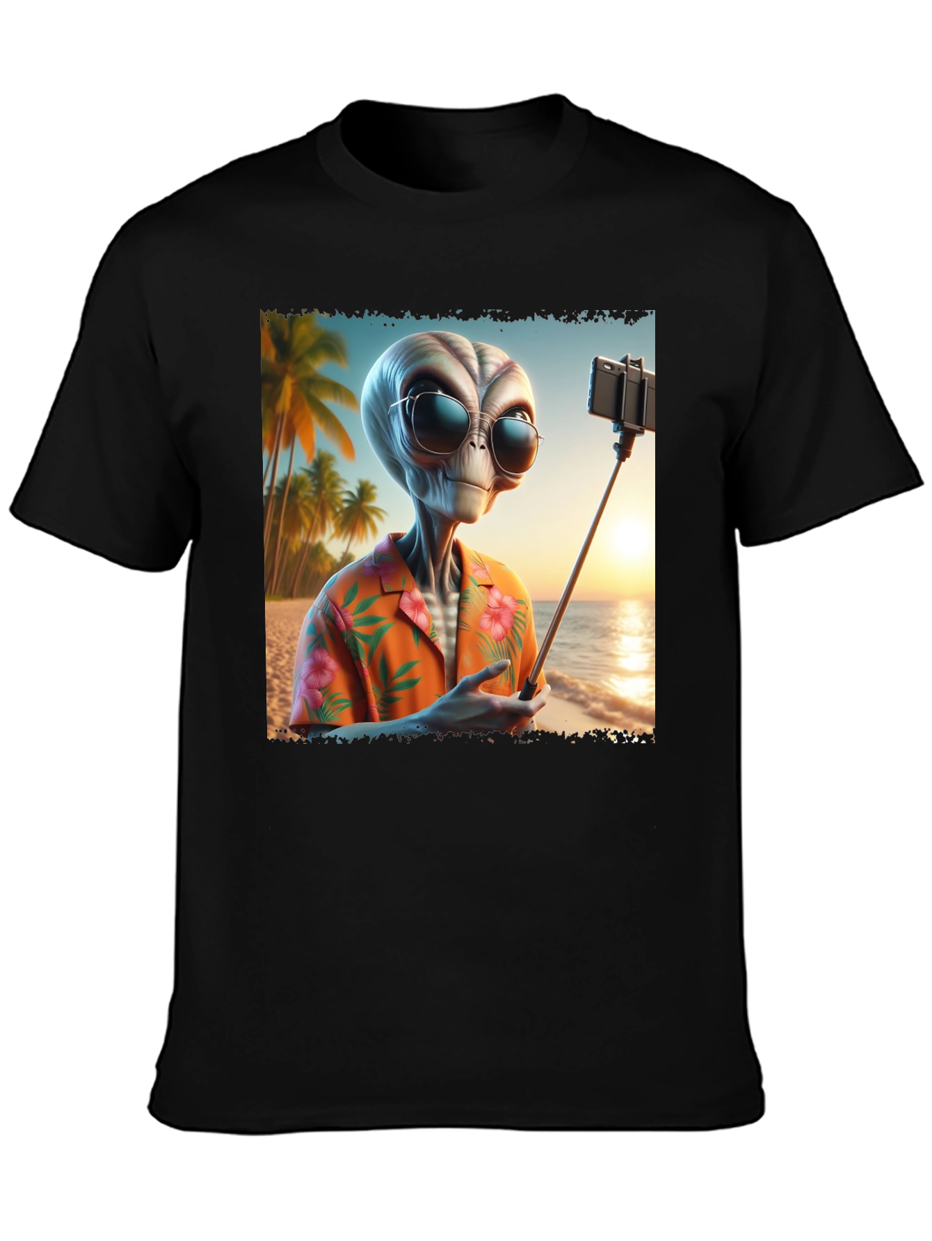 Black Alien Beach Selfie Graphic Tee - Black T-Shirt view 3