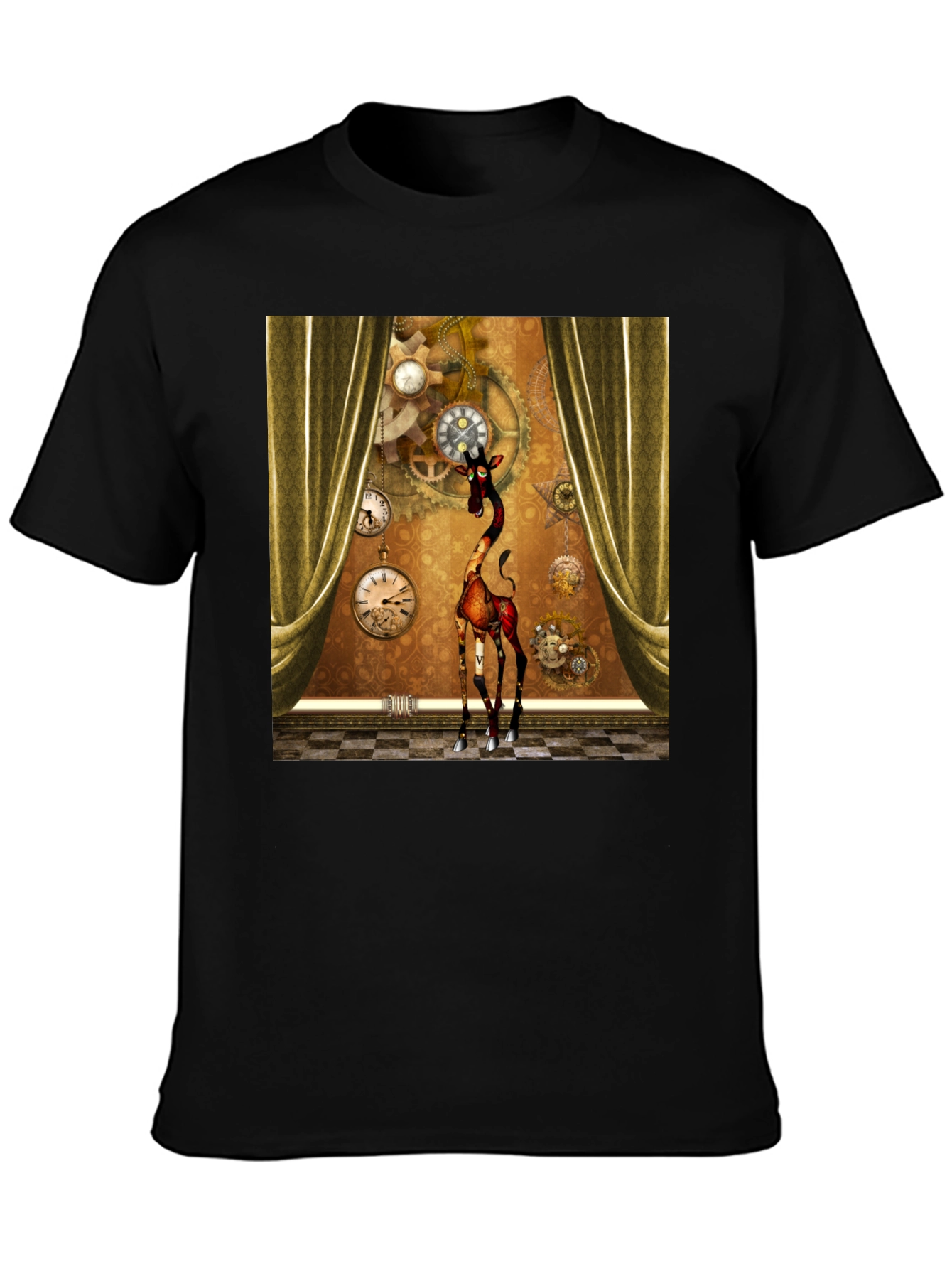 Black Steampunk Giraffe T-Shirt: Time Traveler's Style view 3