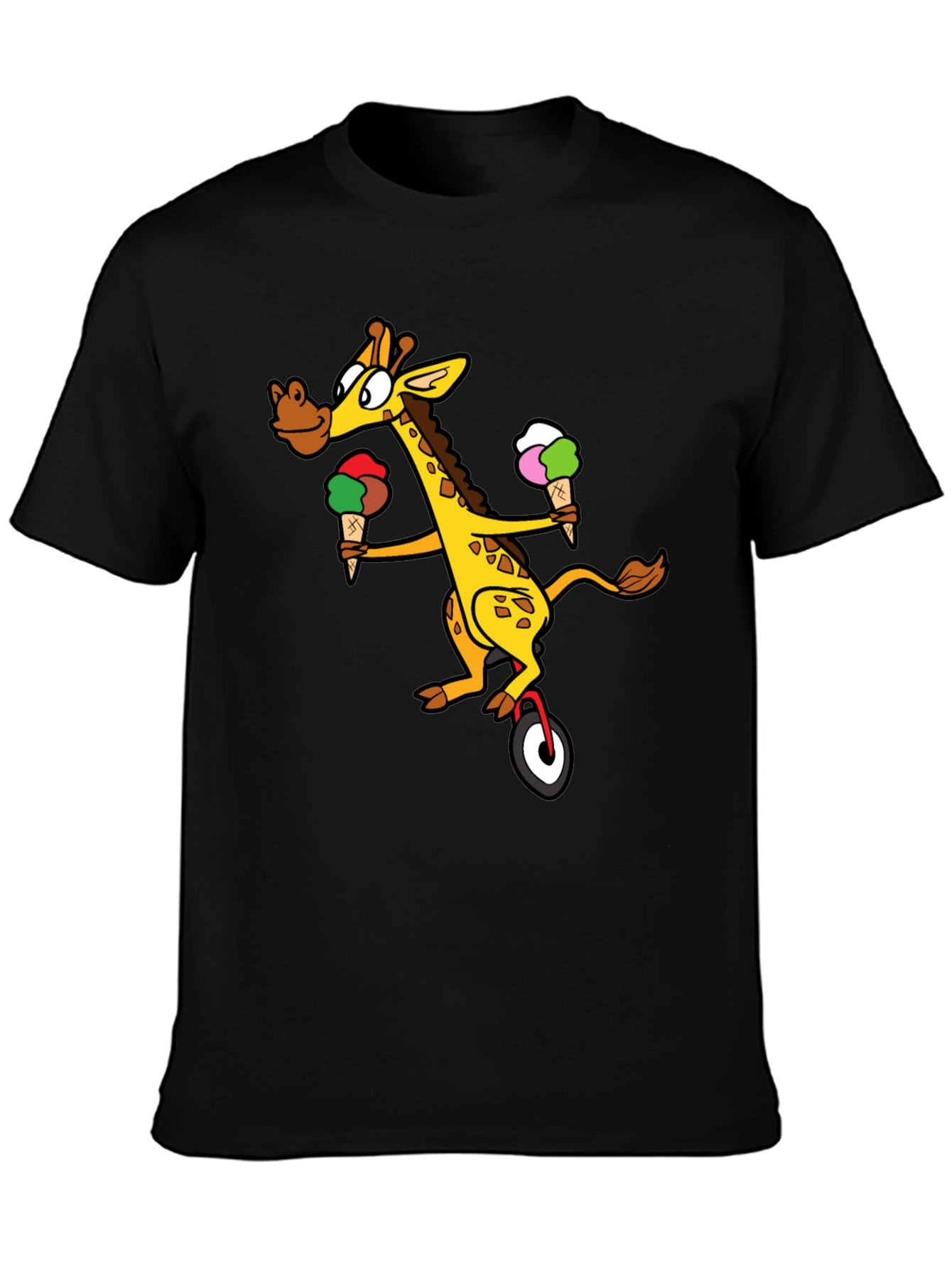 Black Giraffe Unicycle Ice Cream T-Shirt - Quirky Graphic Tee view 3