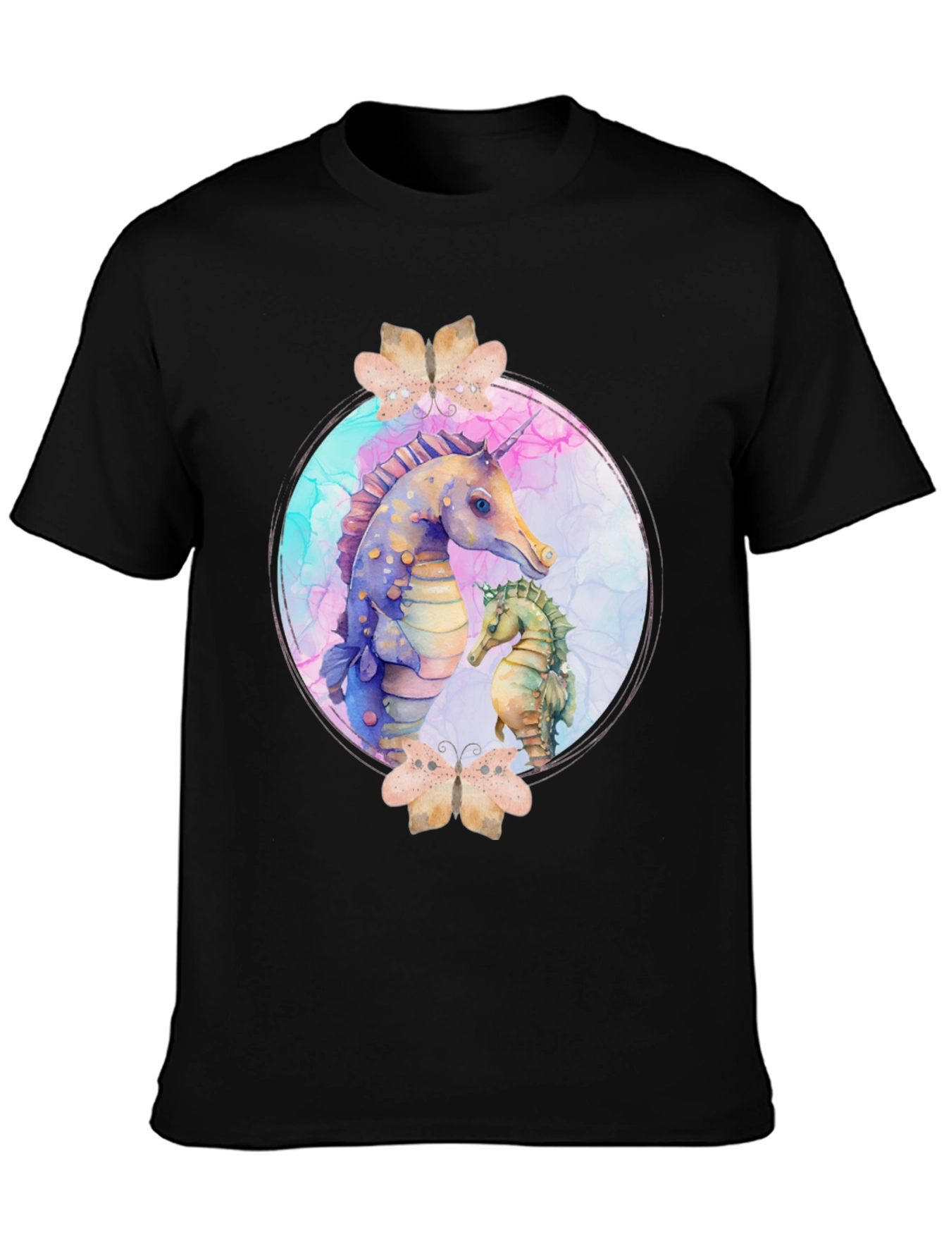 Black Watercolor Seahorse T-Shirt - Black view 3