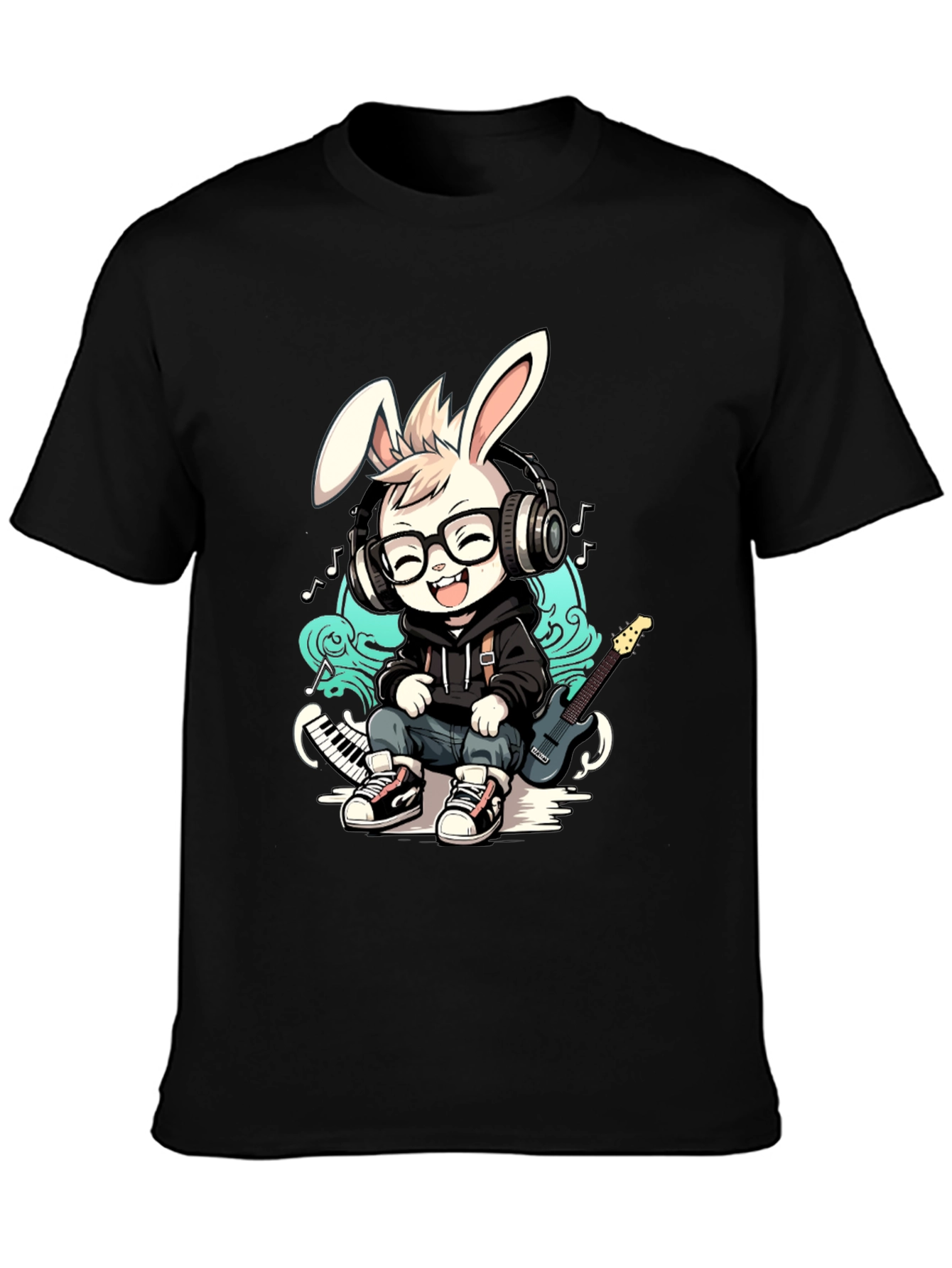 Black Cool Bunny Musician T-Shirt view 3