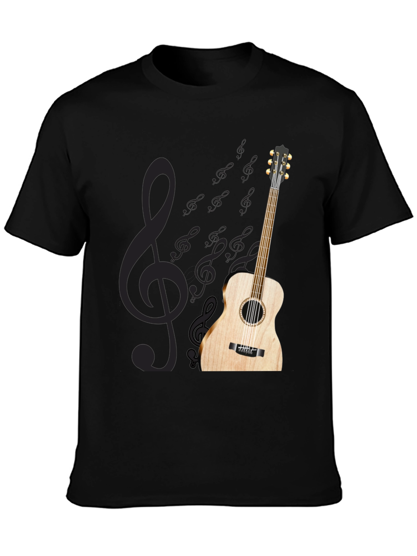 Black Acoustic Guitar Treble Clef Black T-Shirt view 3