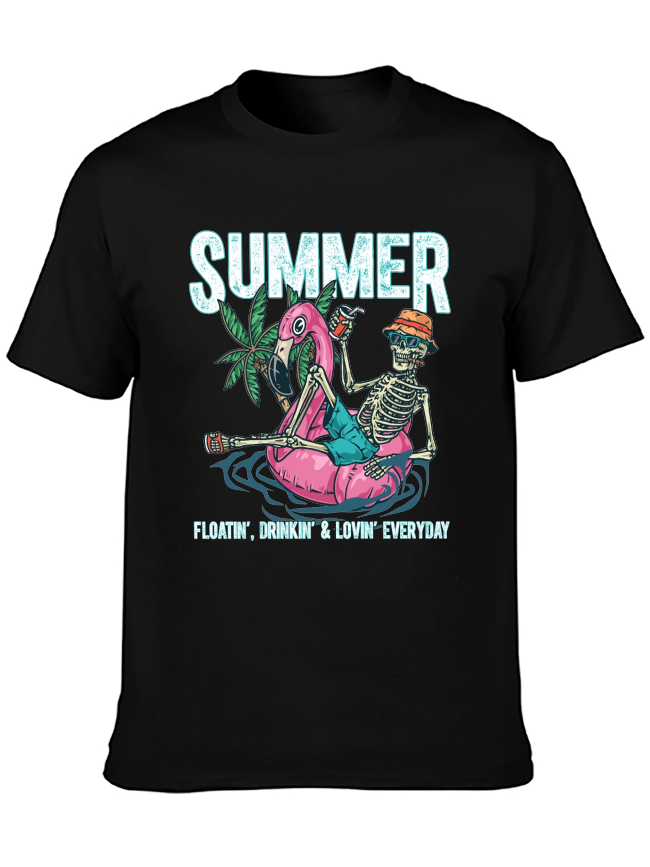 Black Summer Skeleton Flamingo Float T-Shirt view 3