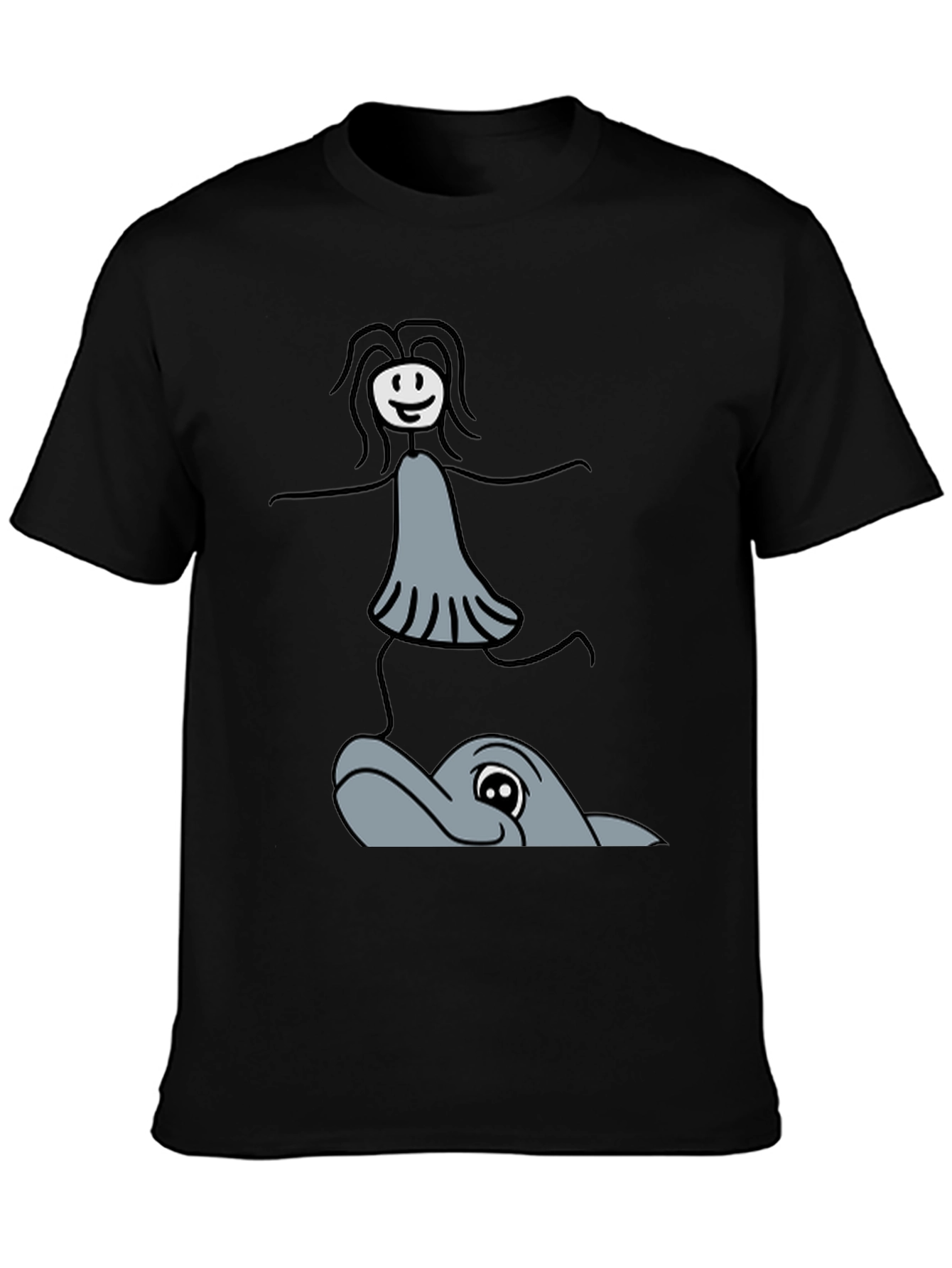 Black Whimsical Dolphin Ride T-Shirt - Unique Graphic Tee view 3
