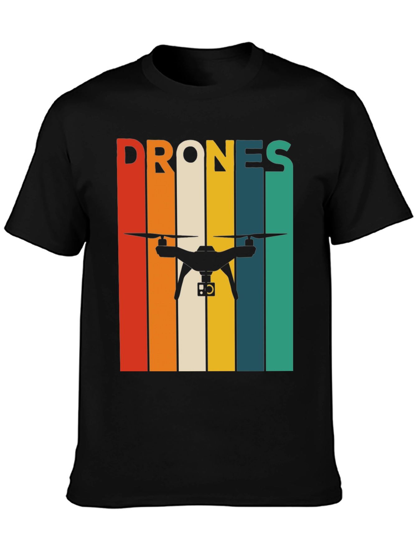 Black Retro Drone T-Shirt - Vintage Stripes Tee view 3