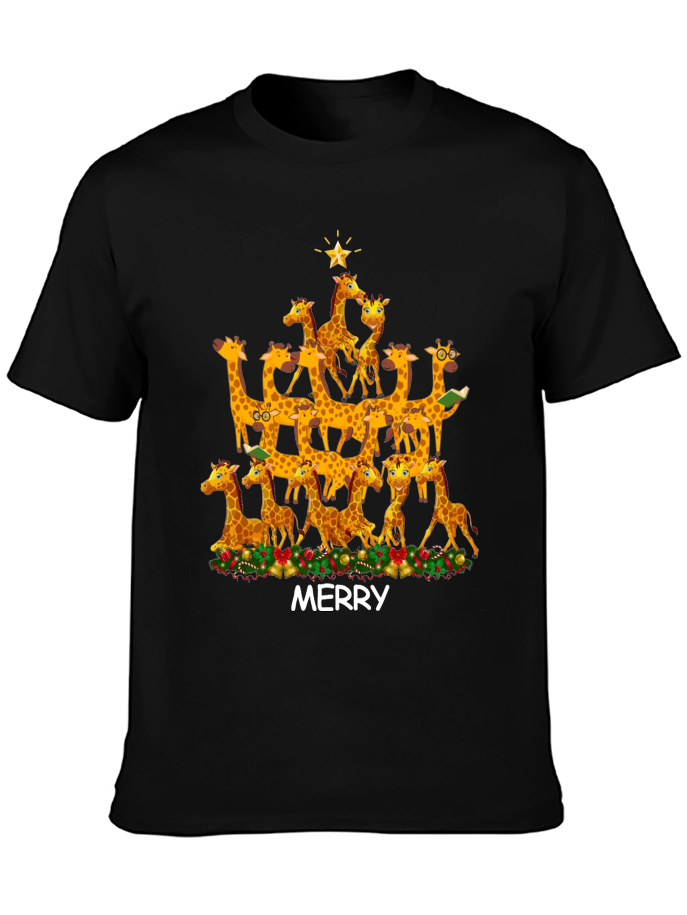 Black Merry Giraffe Christmas Tree T-Shirt view 3