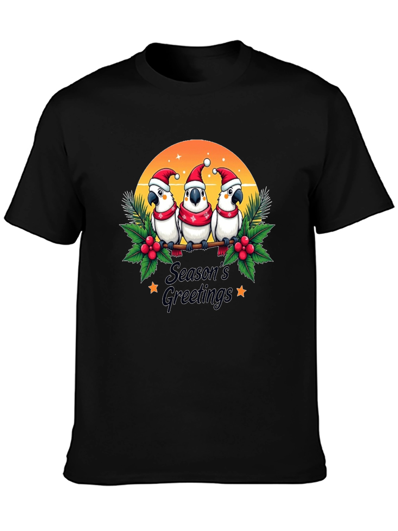 Black Festive Holiday Parrots T-Shirt view 3