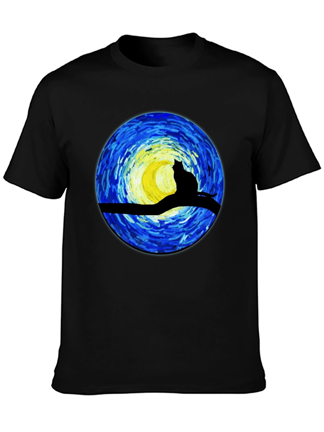 Black Starry Night Cat T-Shirt - Artistic Graphic Tee view 3