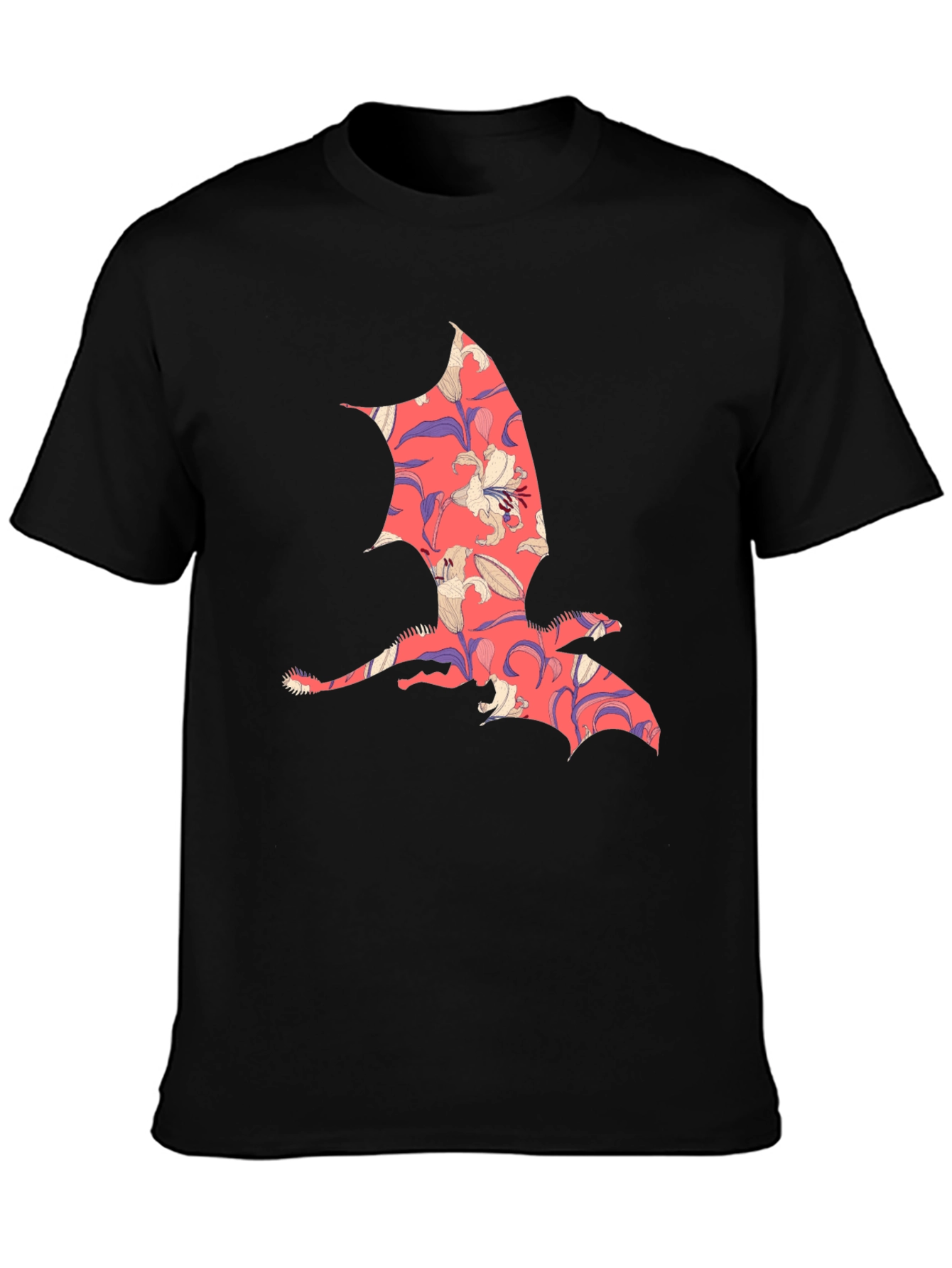Black Floral Dragon Print Men's T-Shirt - Unique Design view 3