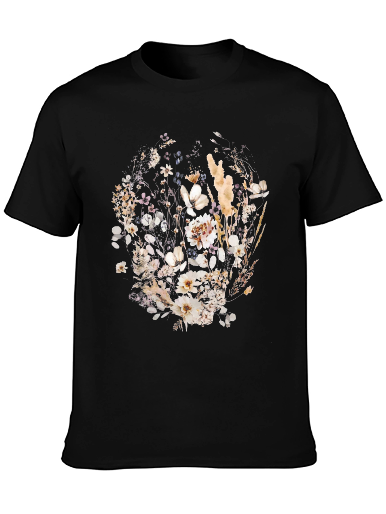Black Floral Print Black Crew Neck T-Shirt view 3