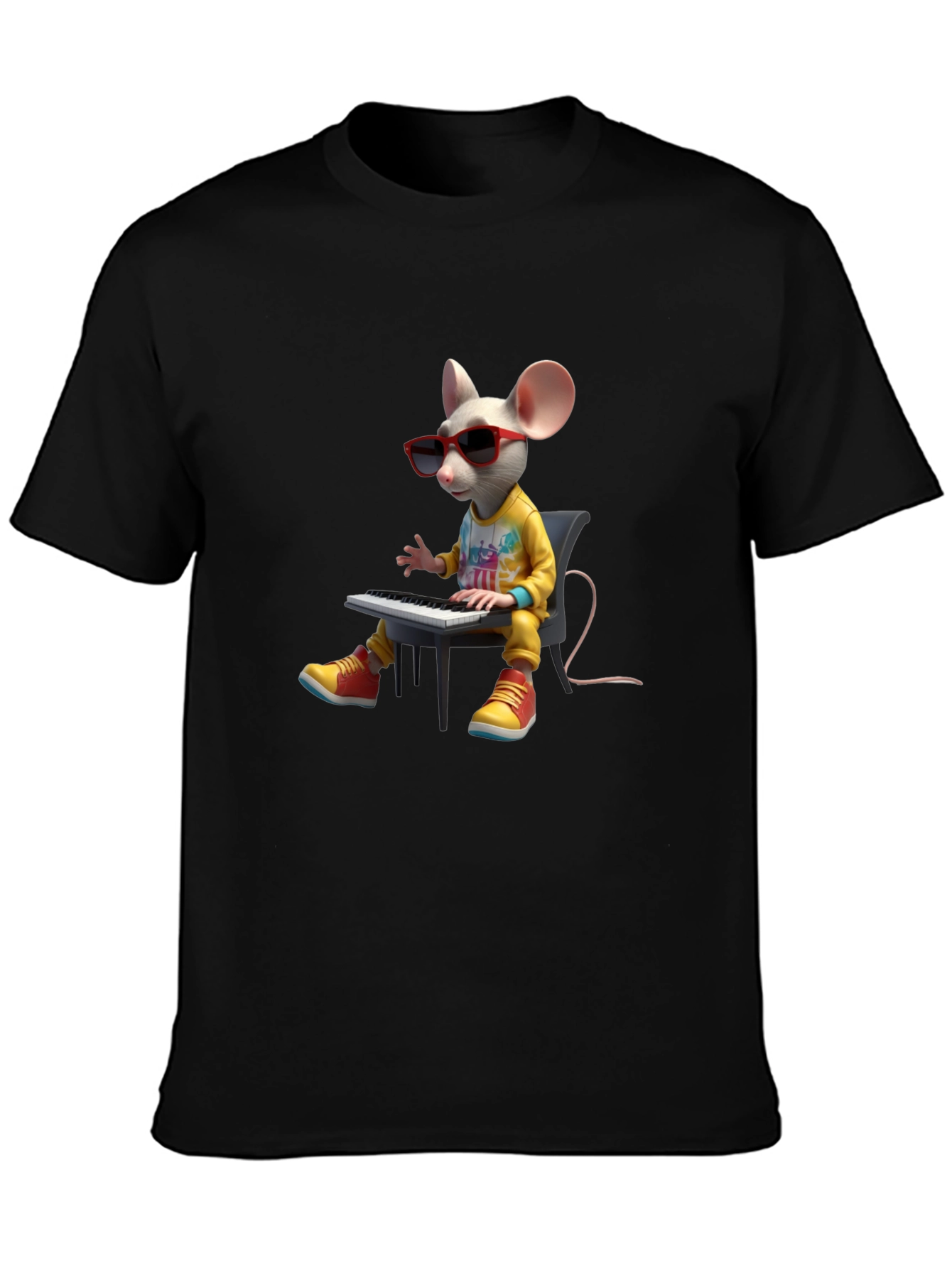 Black Cool Mouse Playing Piano Black T-Shirt view 3
