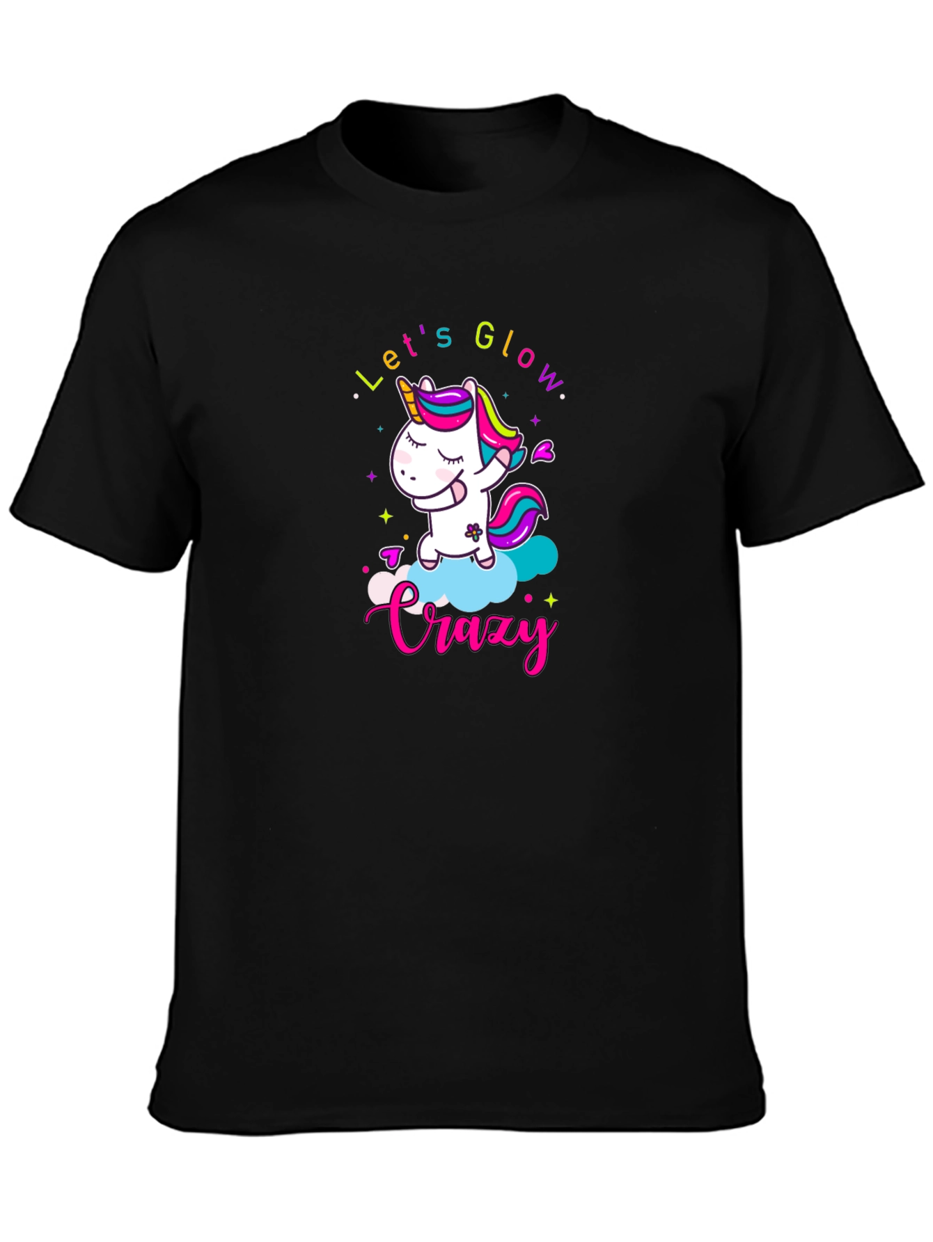 Black Let's Glow Crazy Unicorn Black T-Shirt view 3
