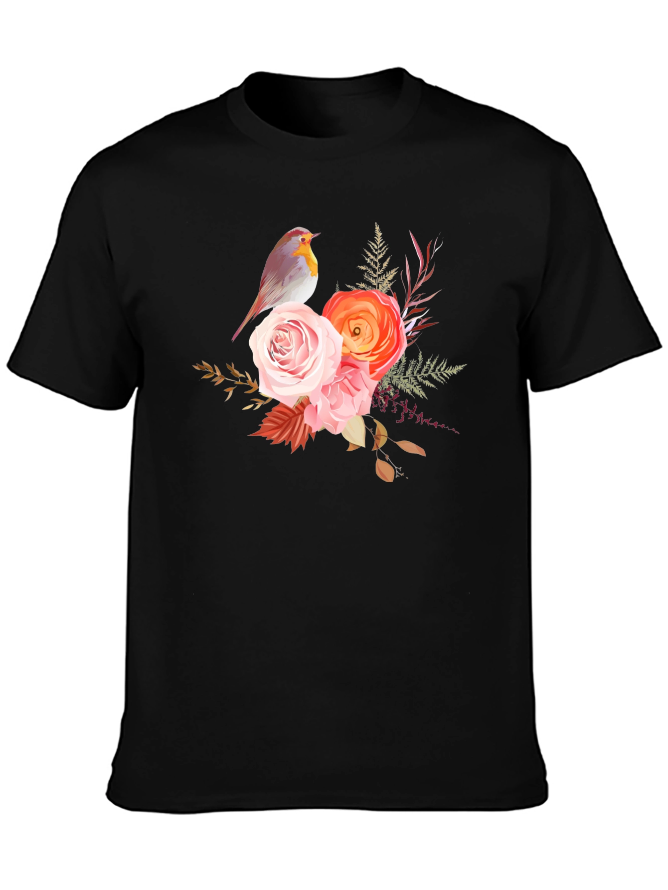 Black Floral Bird Graphic Tee - Soft Black Cotton Casual Wear view 3
