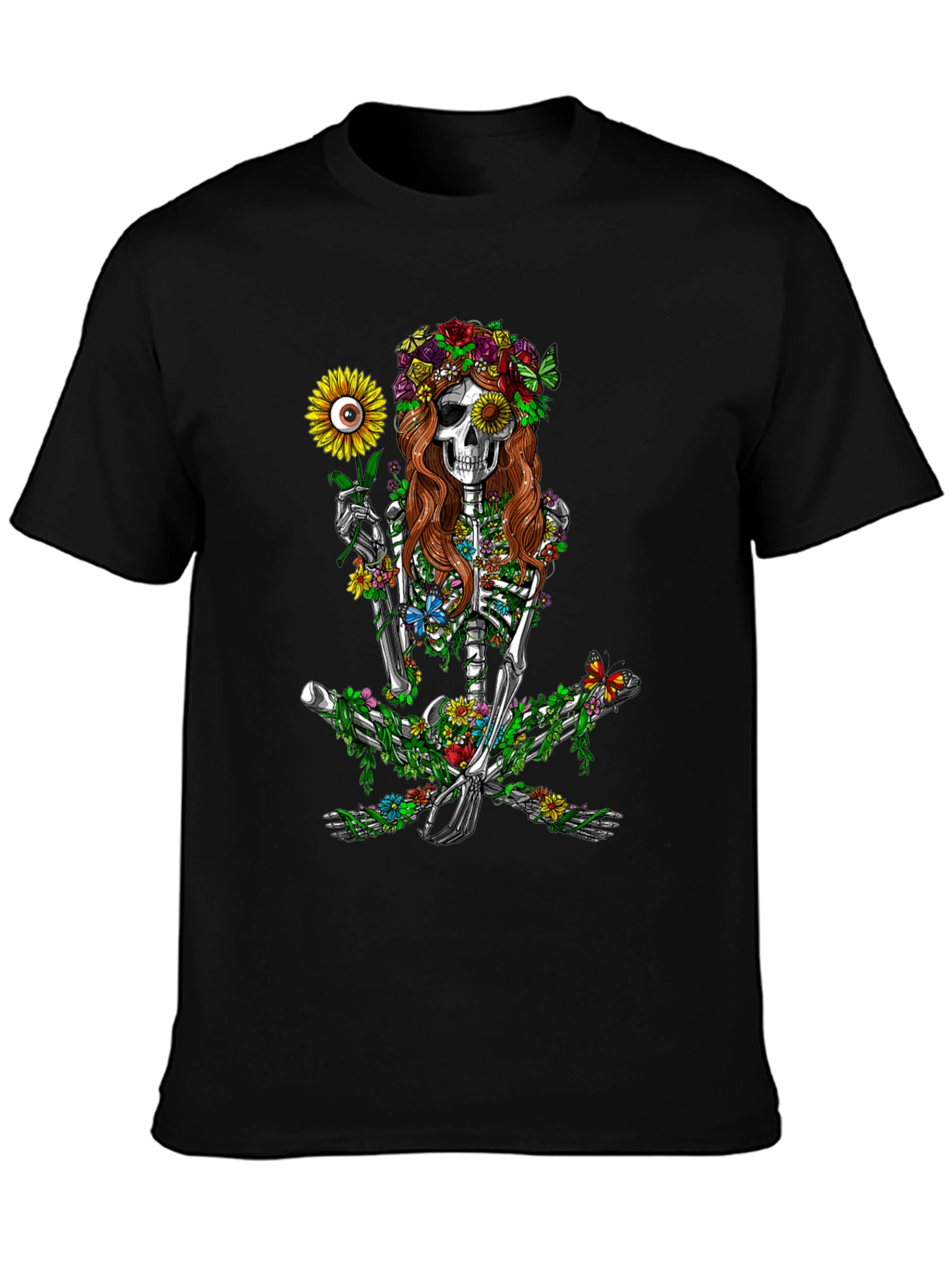 Black Floral Skeleton Graphic T-Shirt - Unisex Black Tee view 3