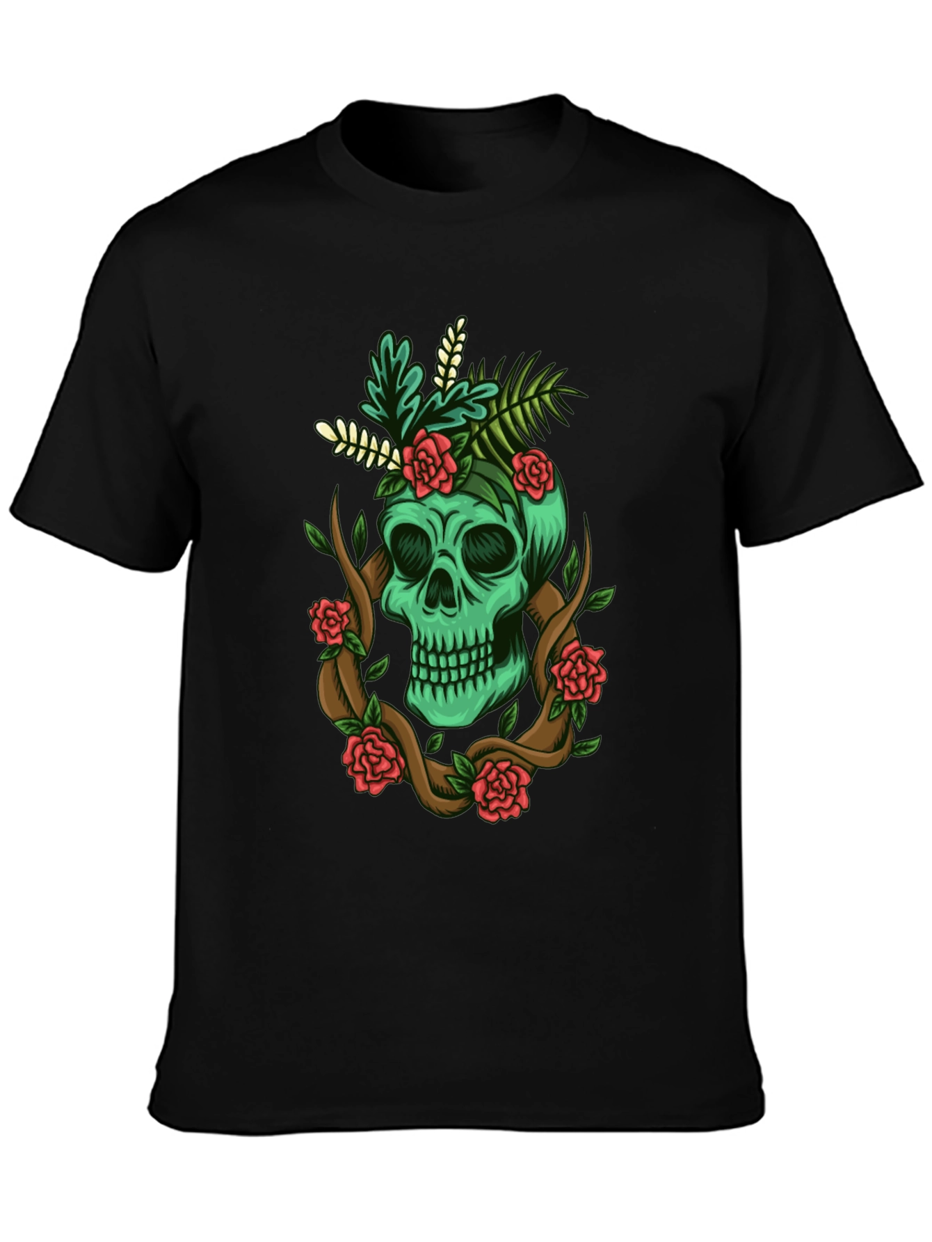 Black Skull & Roses Graphic Tee - Men's Black T-Shirt view 3