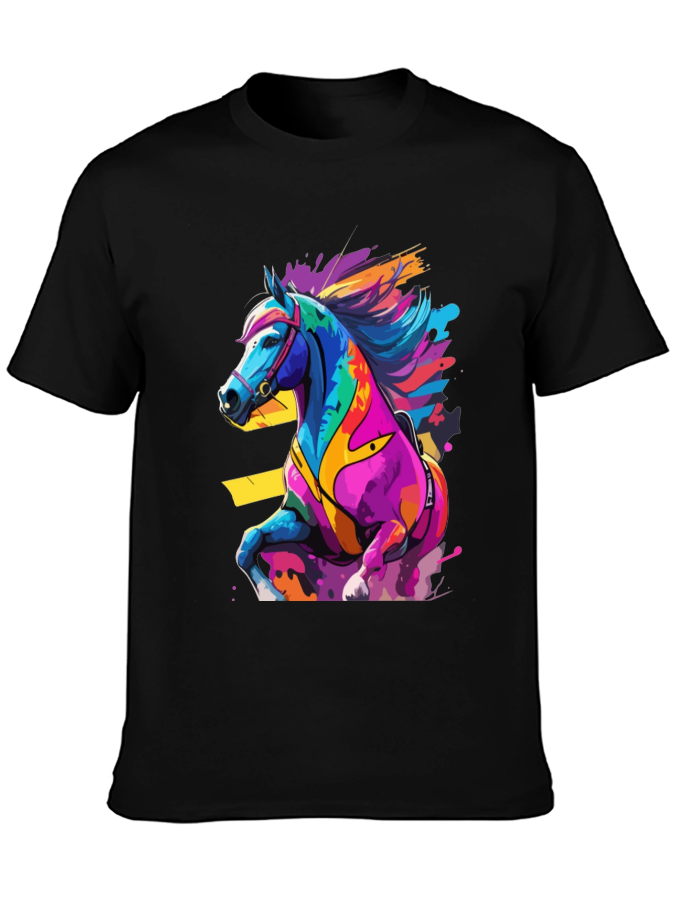 Black Colorful Horse Graphic Tee - Artistic Animal Design view 3