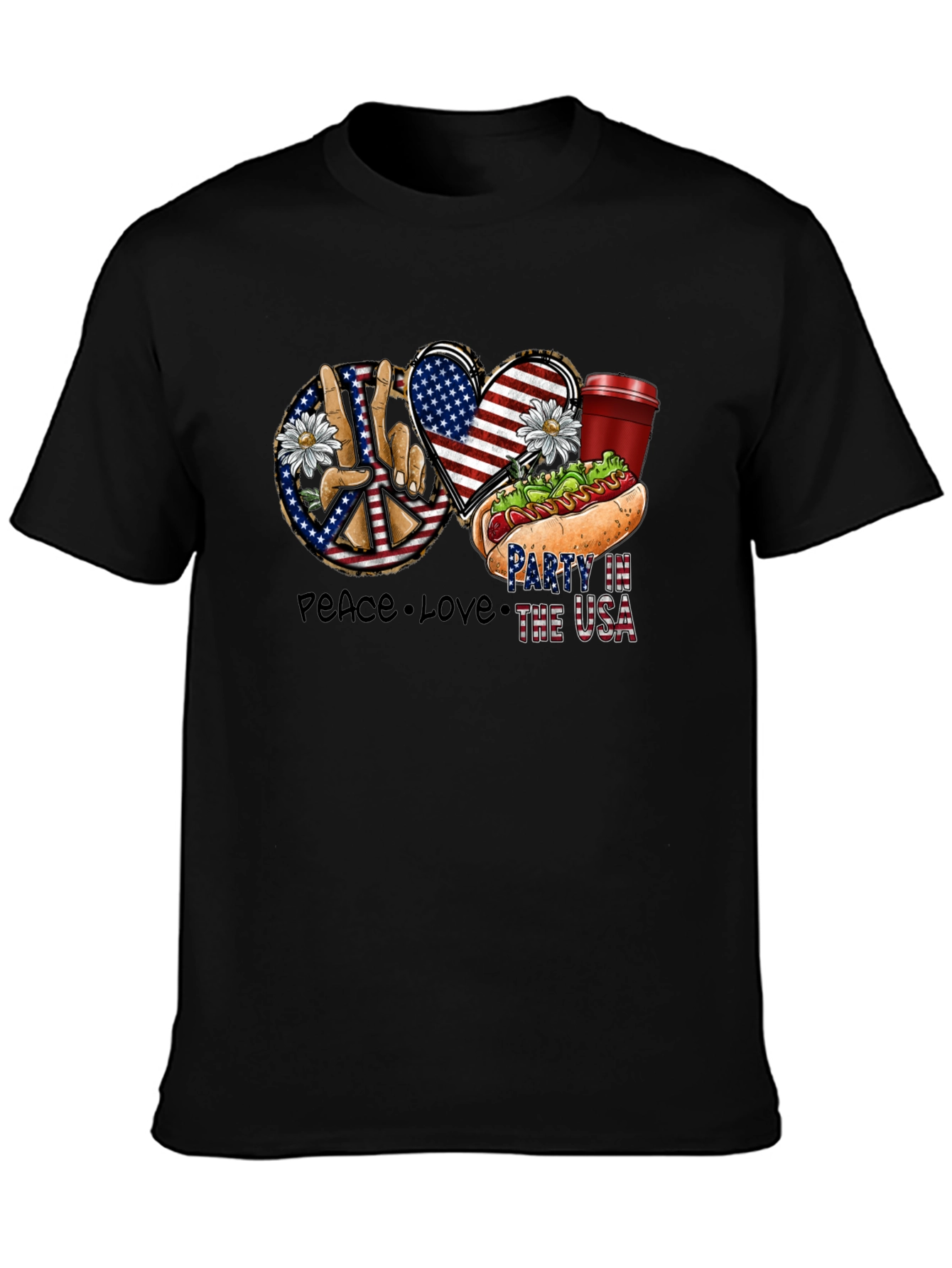 Black Patriotic Peace, Love & USA Party T-Shirt view 3