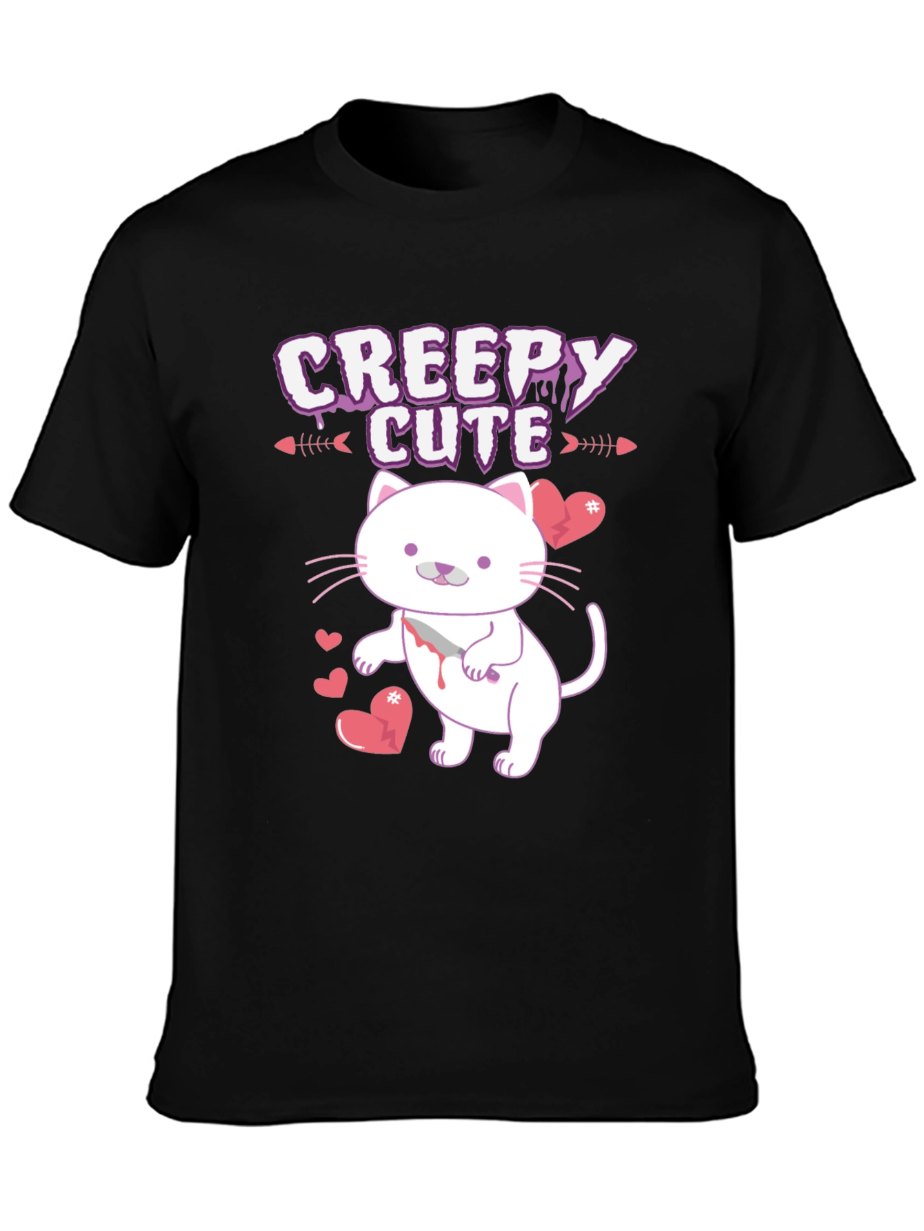 Black Creepy Cute Cat T-Shirt view 3