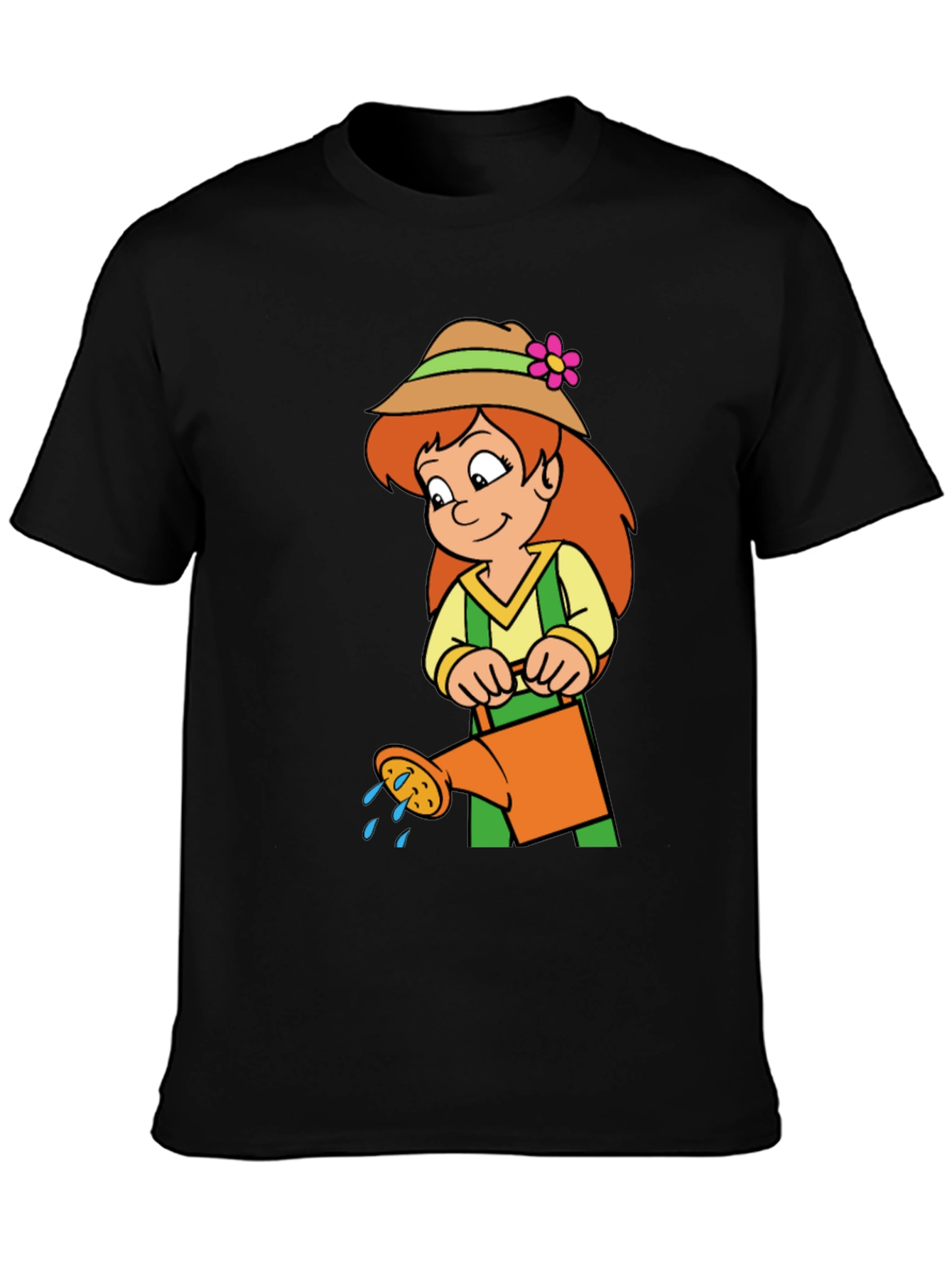 Black Gardening Girl T-Shirt - Fun Cartoon Design view 3