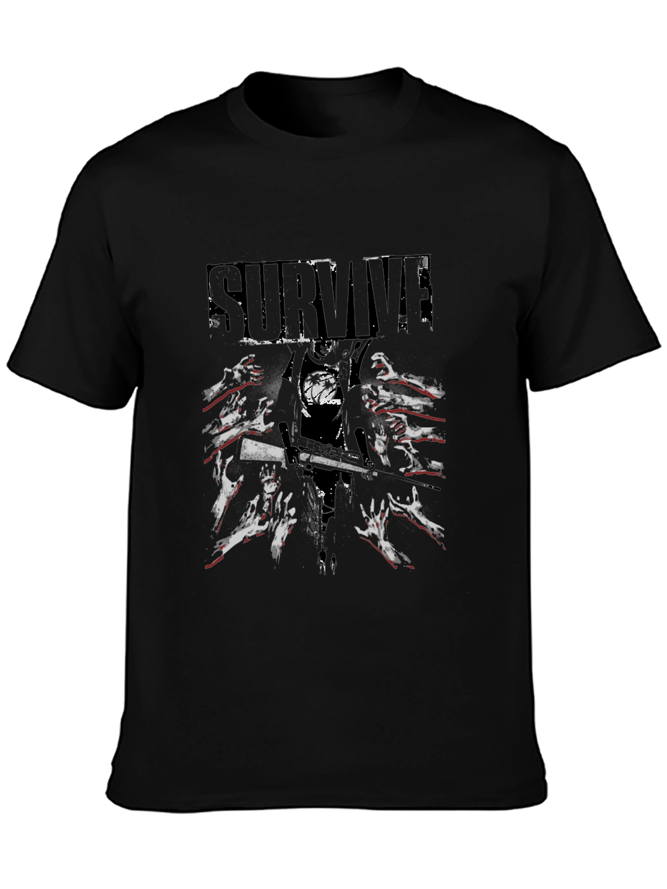 Black Survive Zombie Graphic Print Black T-Shirt view 3