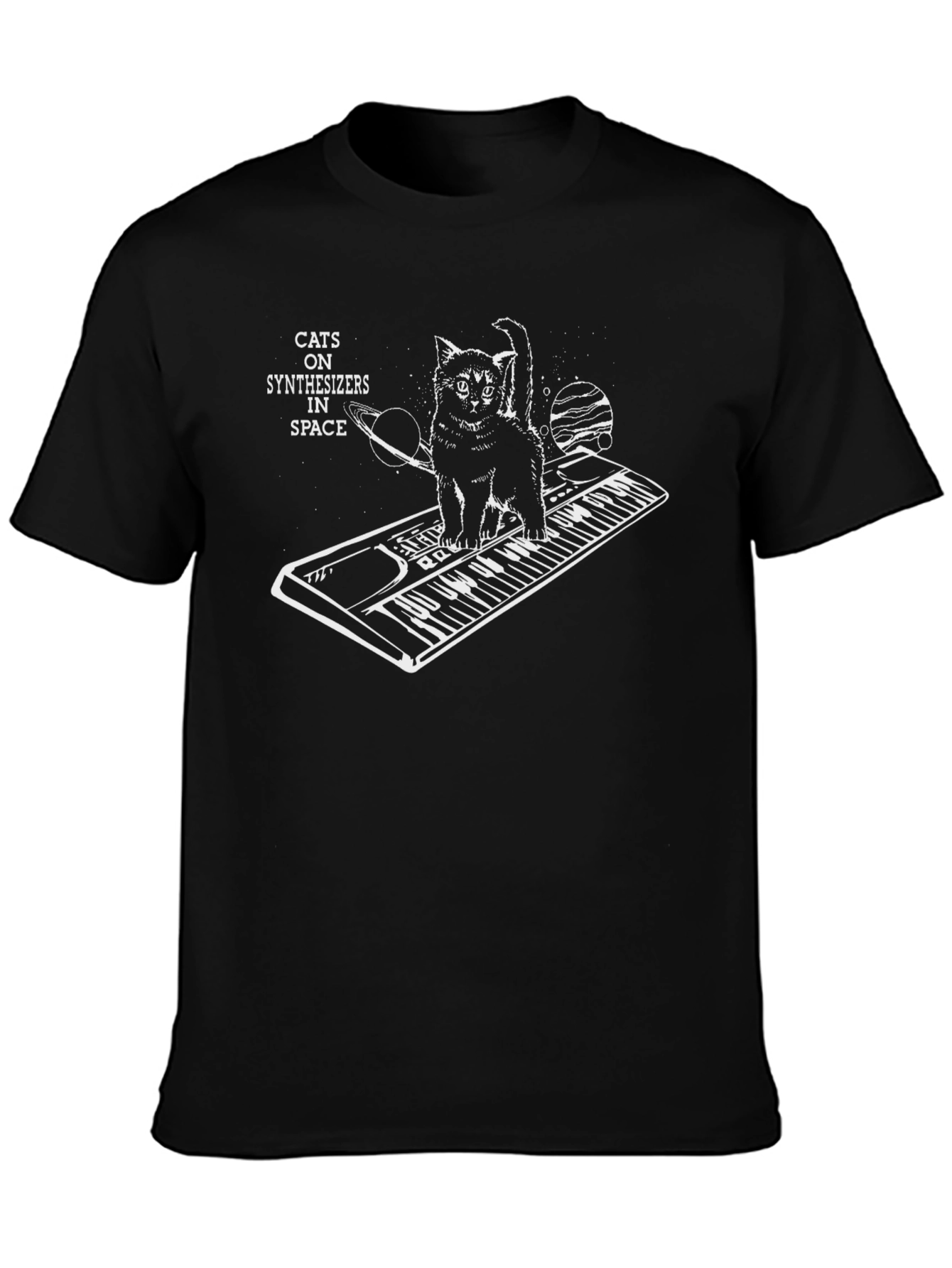 Black Cats on Synthesizers in Space Graphic T-Shirt view 3