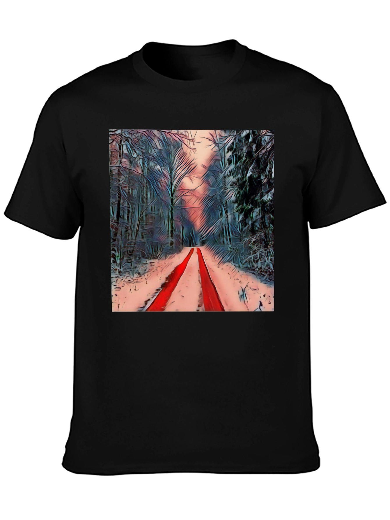 Black Winter Forest Red Path Black T-Shirt view 3