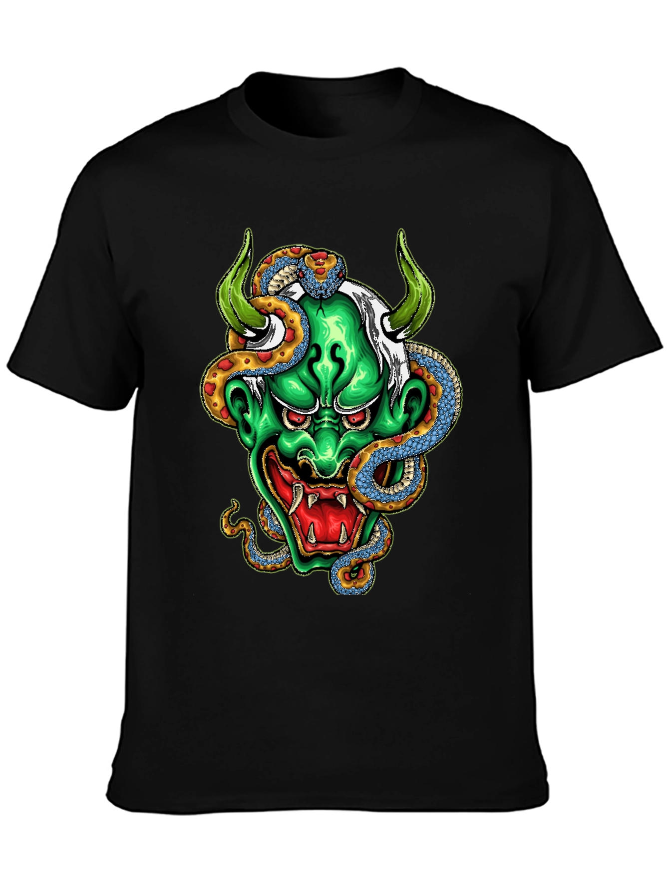 Black Men's Graphic Tee - Oni Mask & Snake view 3