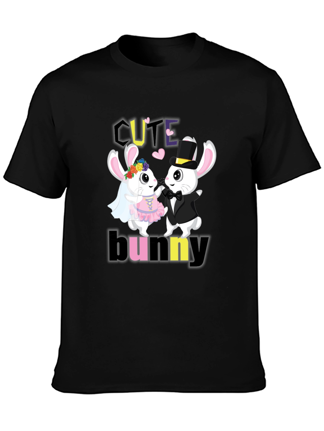 Black Cute Bunny Couple Graphic T-Shirt view 3
