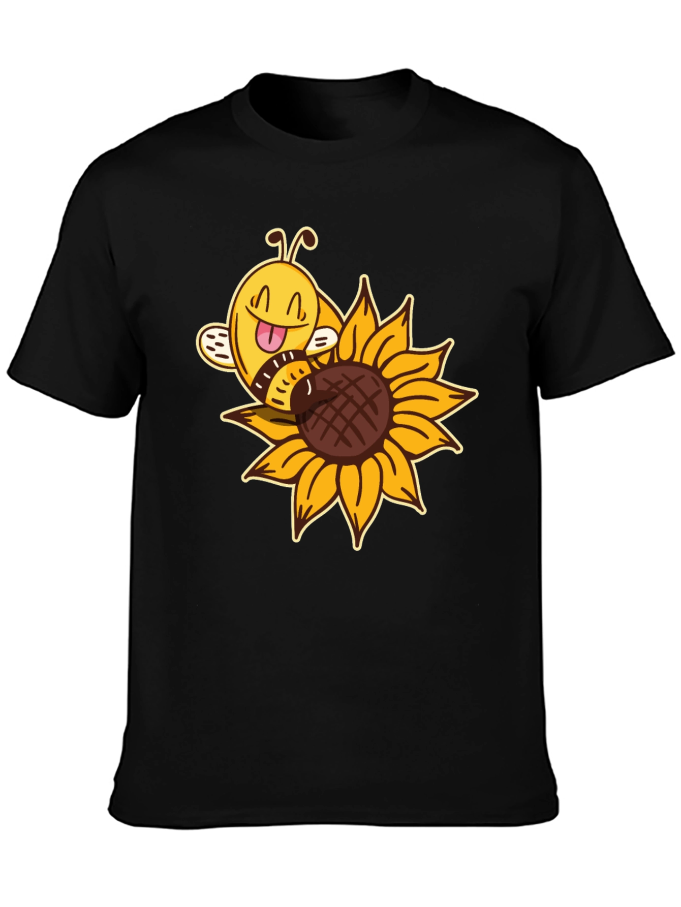 Black Cute Bee on Sunflower Black T-Shirt view 3