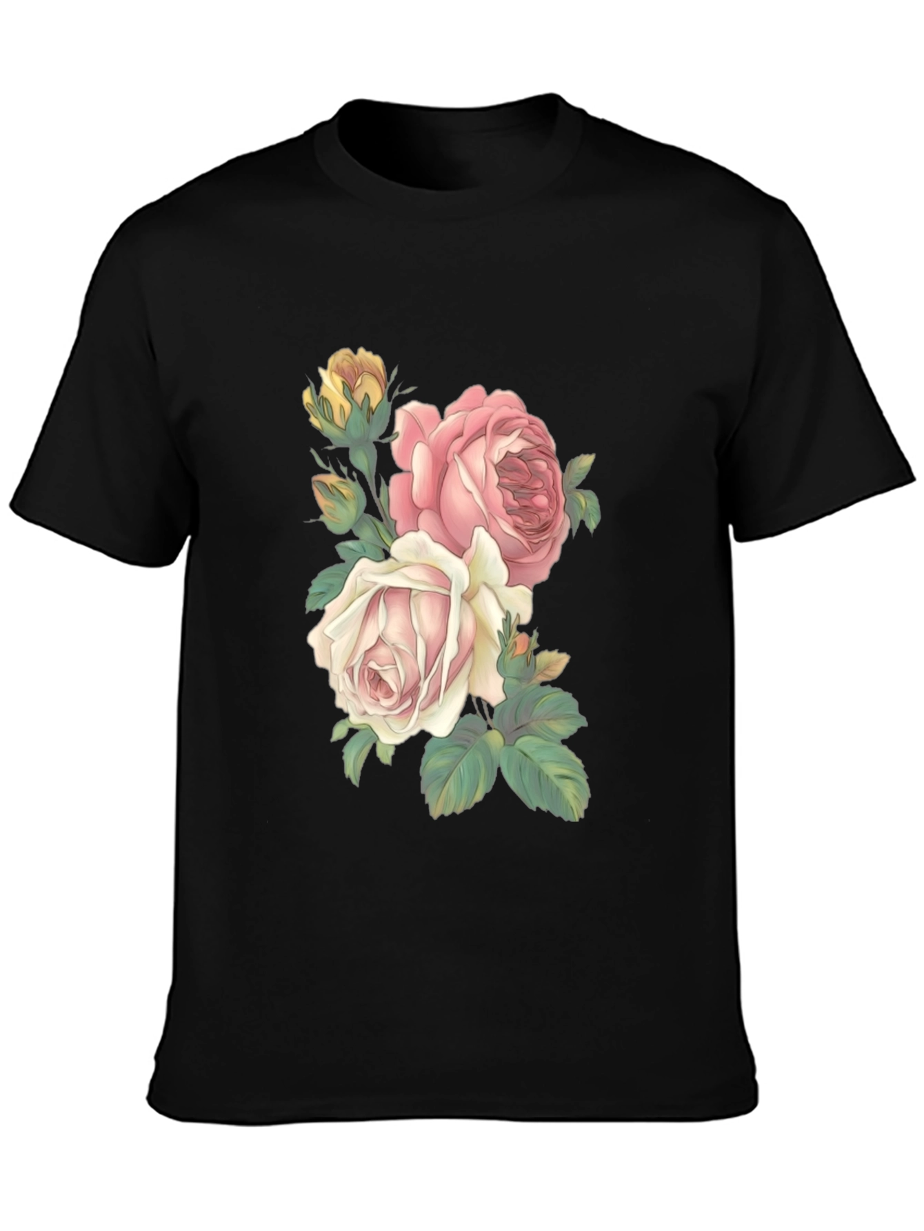 Black Floral Print T-Shirt - Elegant Rose Design view 3