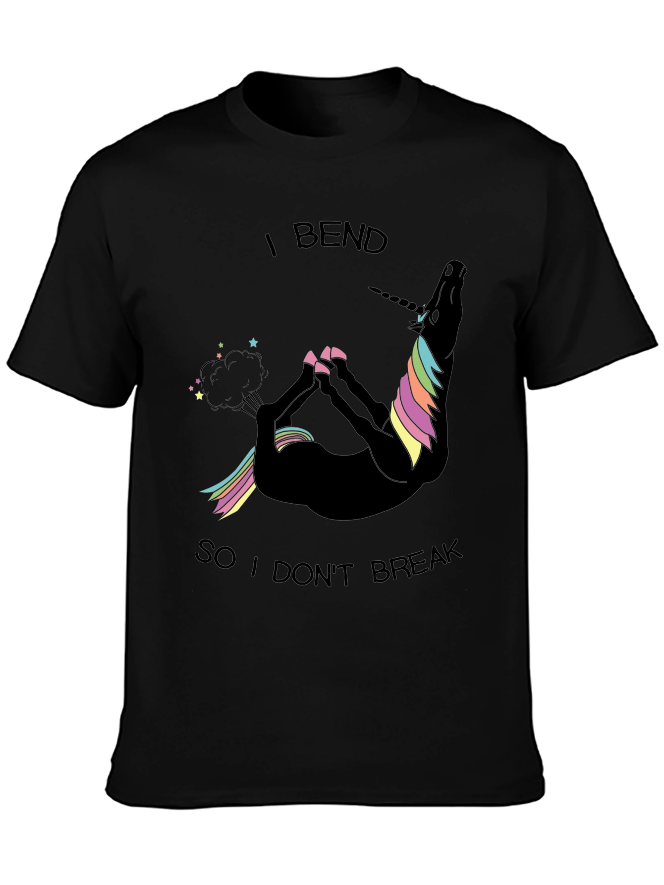 Black Funny Unicorn Yoga T-Shirt - I Bend So I Don't Break view 3