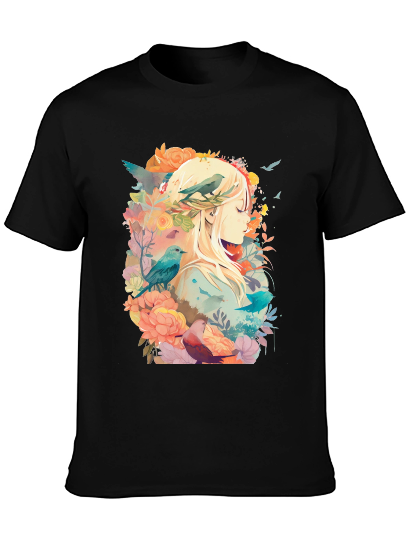 Black Nature's Embrace Tee - Floral Bird Design view 3