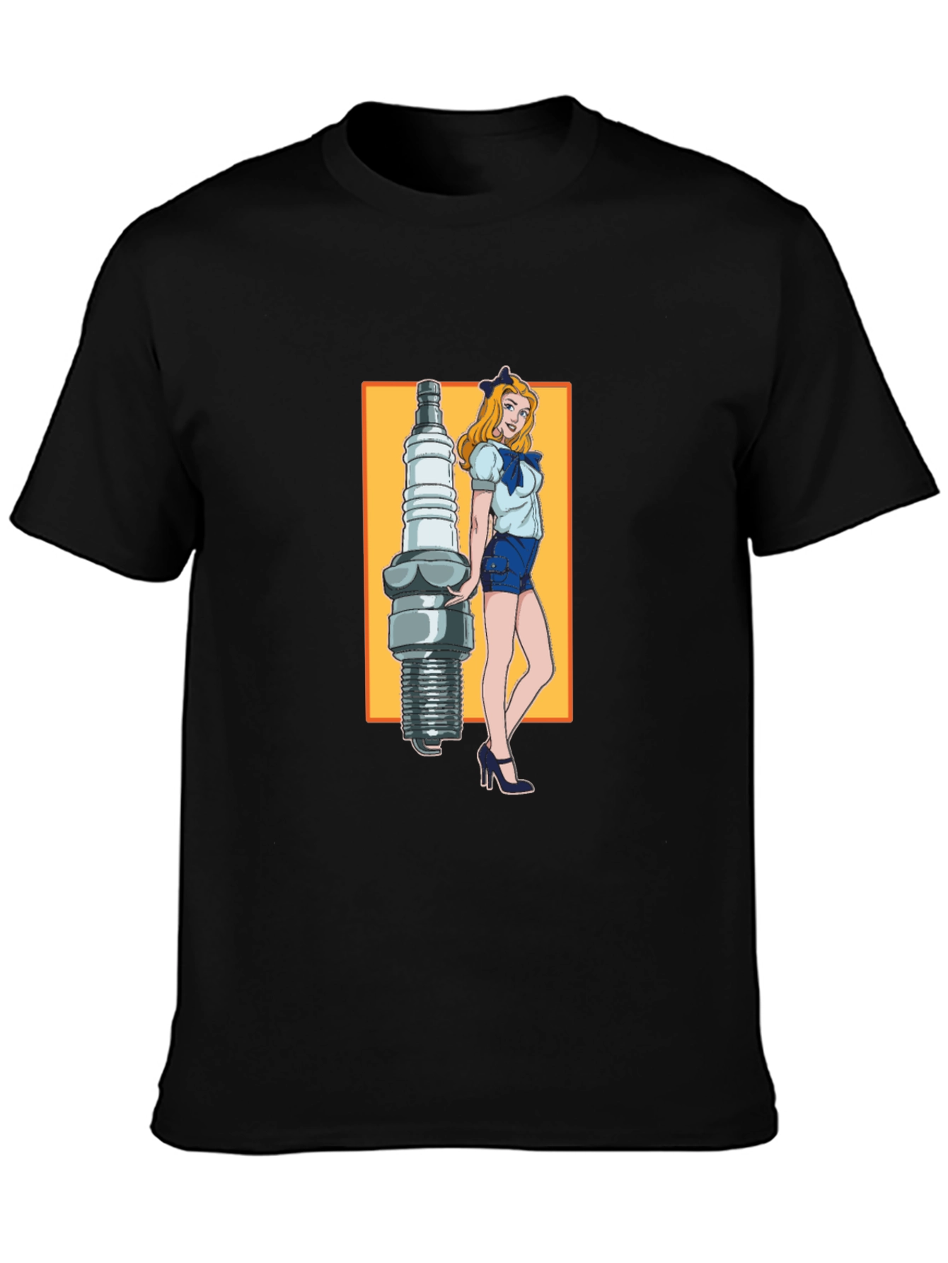 Black Cartoon Spark Plug Girl Black T-Shirt view 3