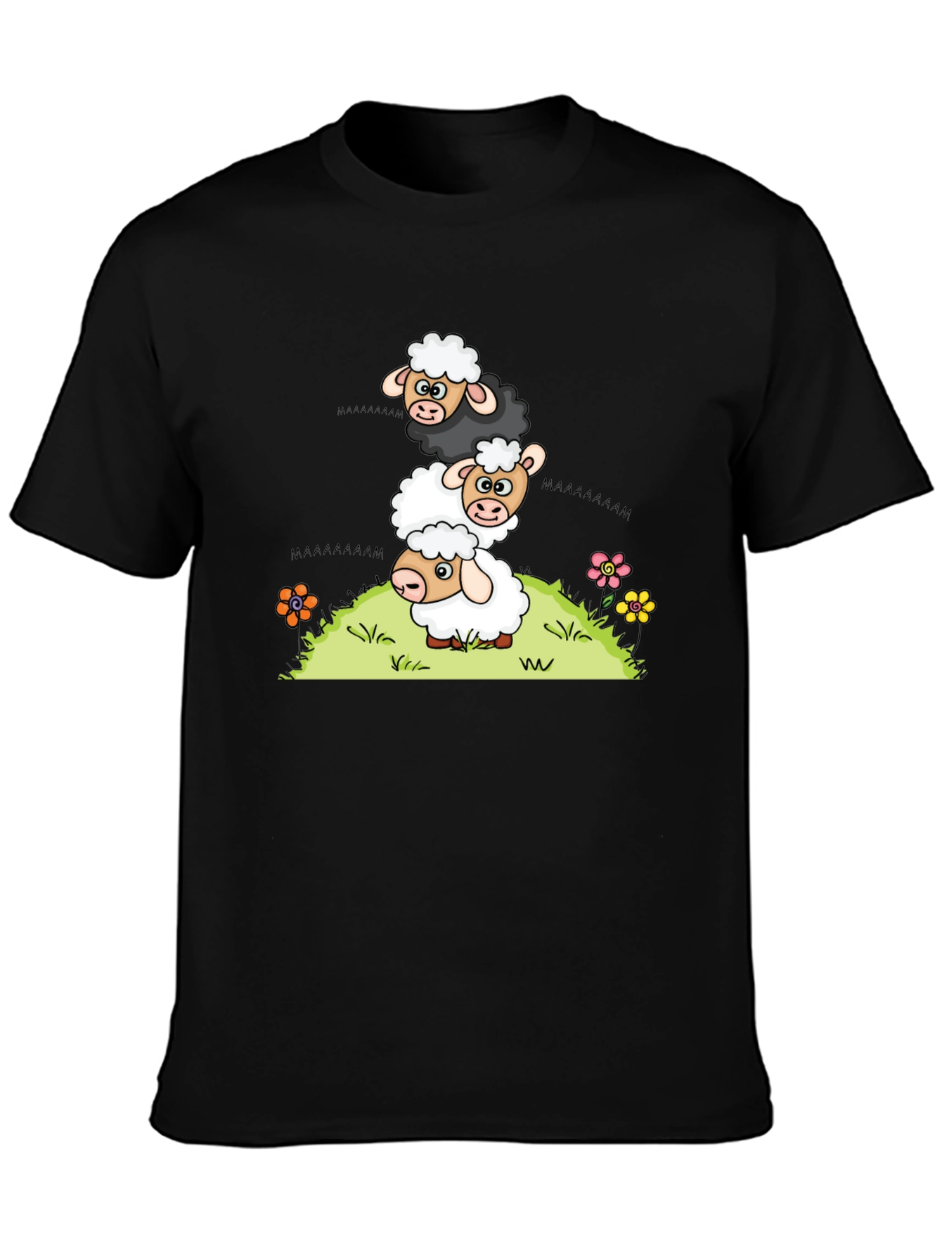 Black Stacked Sheep Cartoon T-Shirt view 3