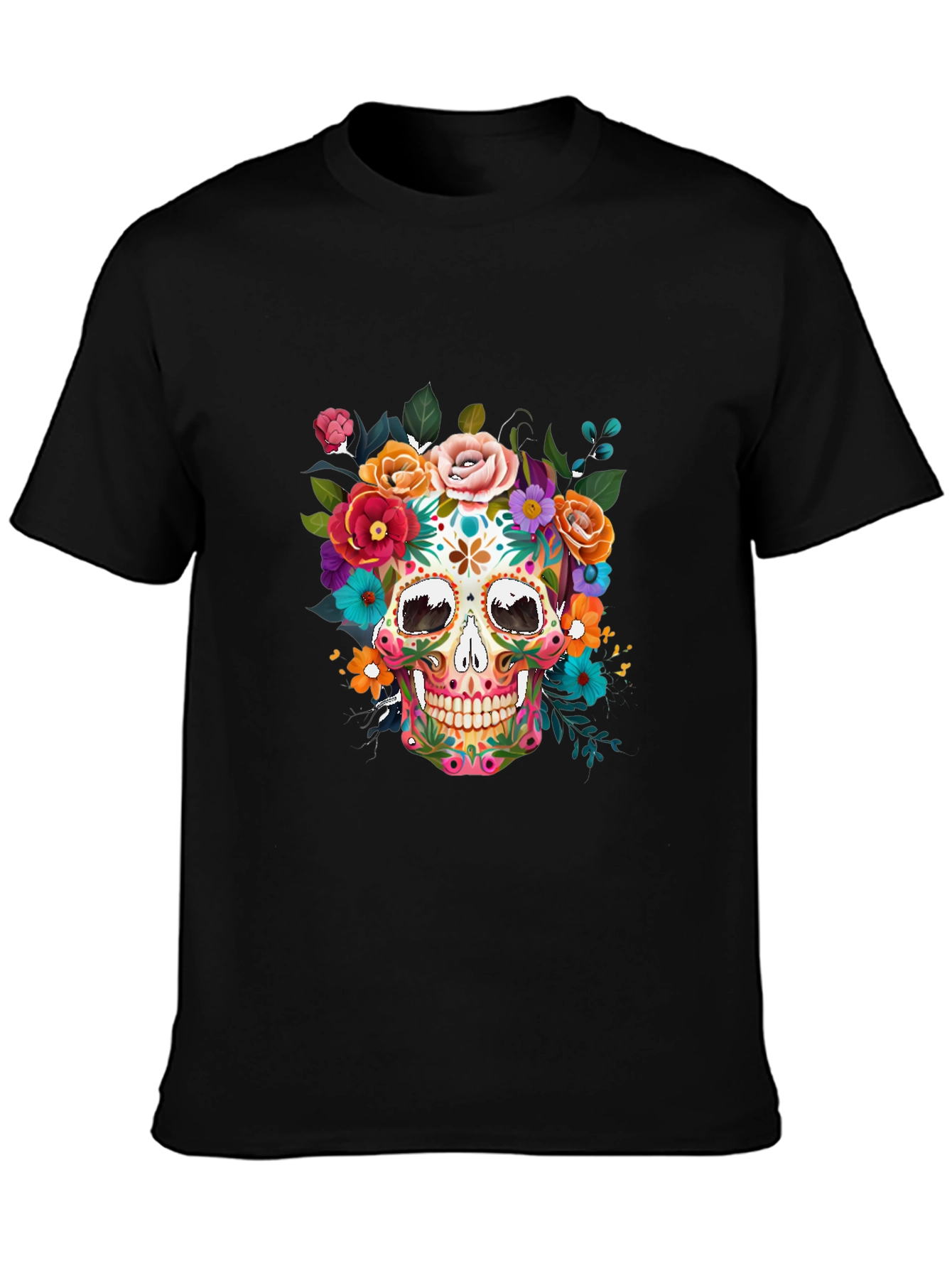 Black Floral Sugar Skull Graphic Tee - Dia de los Muertos view 3